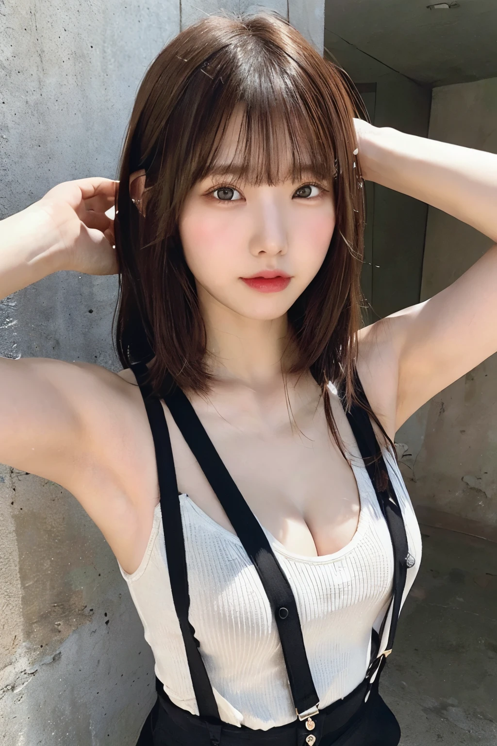 masterpiece、Flat Color、Written boundary depth、Lens Flare 1 Girl、、Brown Hair、Gazing at the audience internal Black suspenders Ample breasts Armpit sweat sweating Sides of both hands wall: Black trousers, vision Small face Bangs that cover the eyes Aside Cutter Shirt Beautiful skin