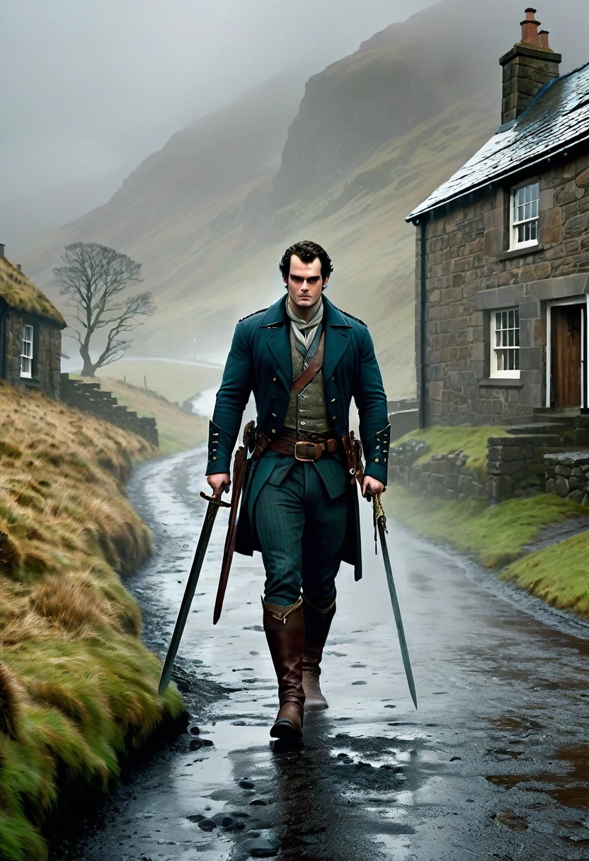 create a picture of Henry Cavill as Connor Mc Leod walking to a beautiful, cozy but eerie Bothy in a middle of nowhere at the misty Highland of Scotland, dragging his big long sword, torrential rain in winter afternoon, Don Lawrence photo realistic style