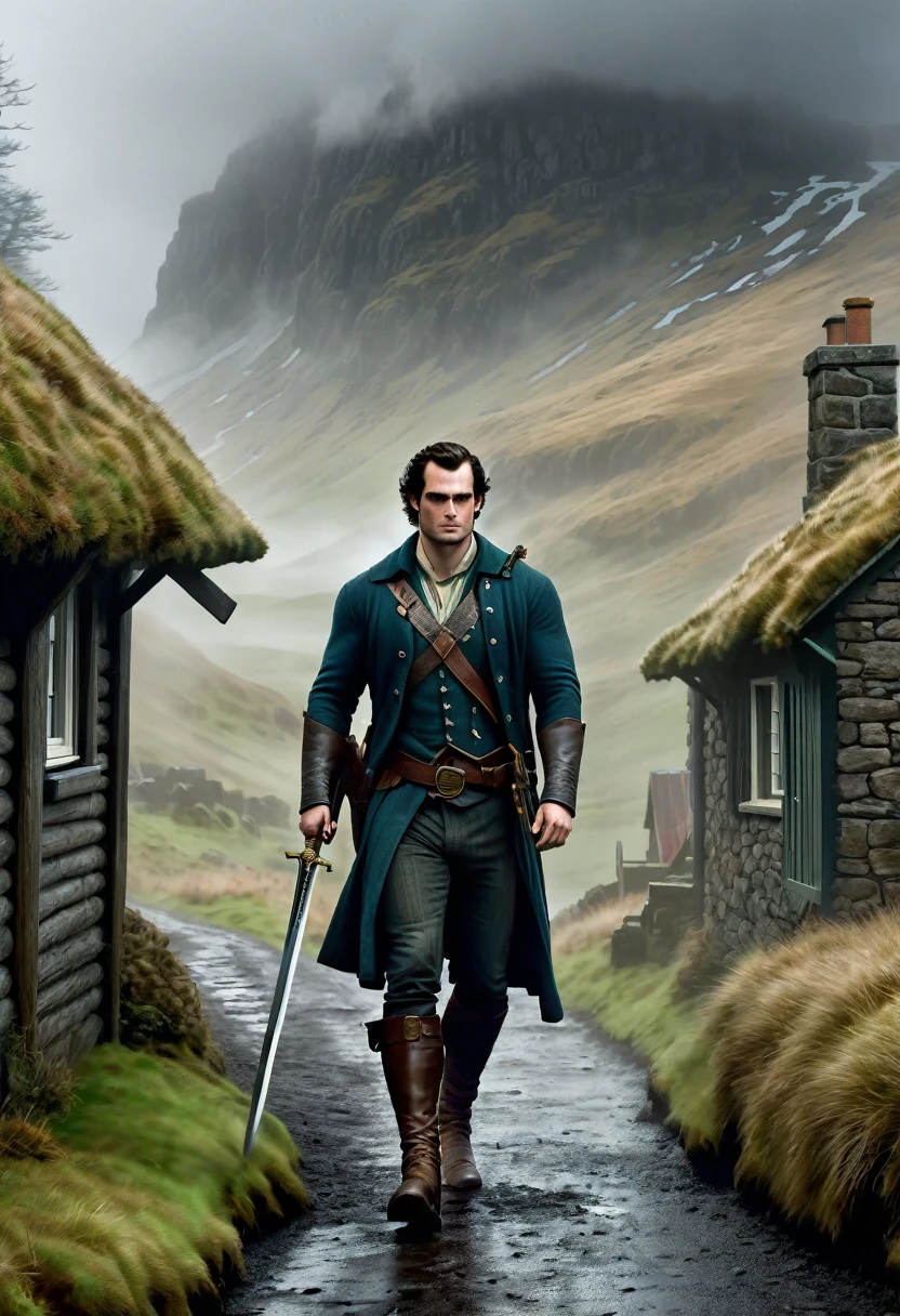 create a picture of Henry Cavill as Connor Mc Leod walking to a beautiful, cozy but eerie Bothy in a middle of nowhere at the misty Highland of Scotland, dragging his big long sword, torrential rain in winter afternoon, Don Lawrence photo realistic style