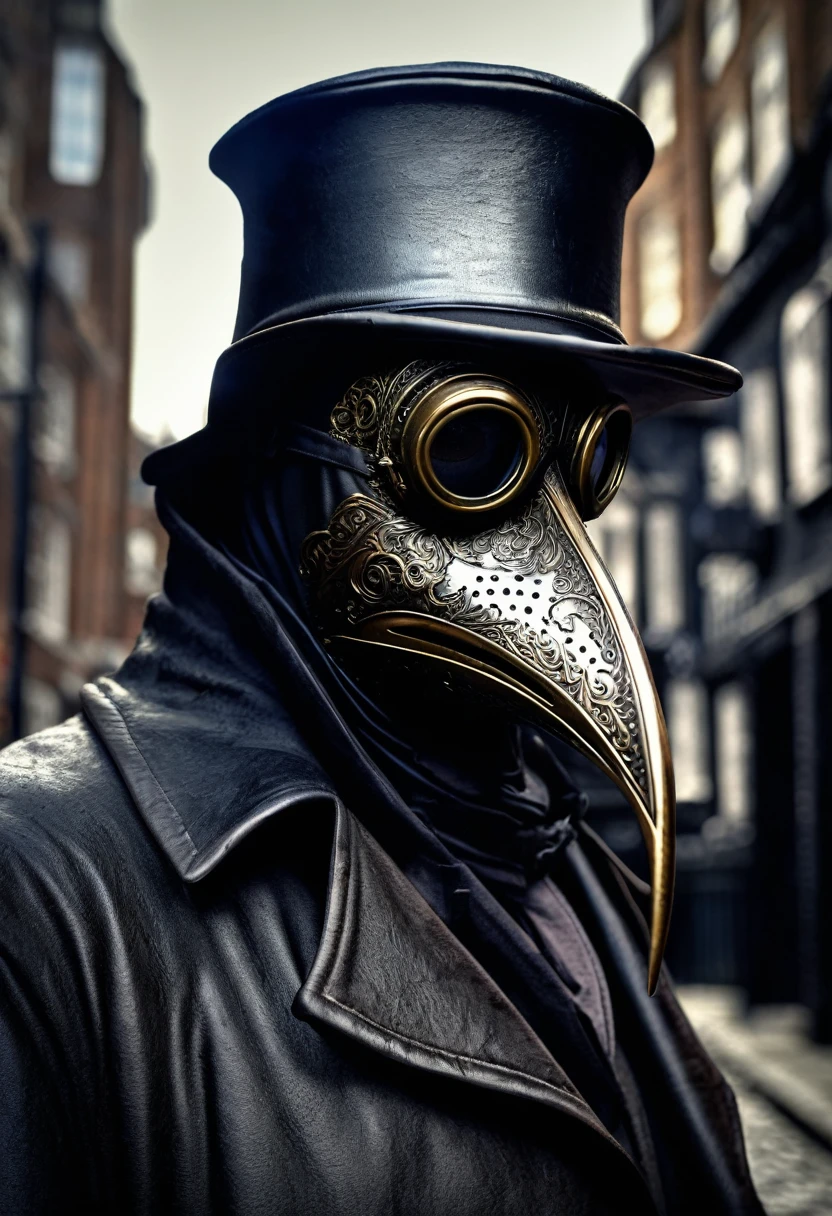 (best quality,4k,highres,masterpiece:1.2),ultra-detailed,(realistic,photorealistic,photo-realistic:1.37),intricate,victorian style,dark ambiance,HDR,plague doctor,old street of London,hyper detailed,better rendering of the plague doctor mask, leather dark mask