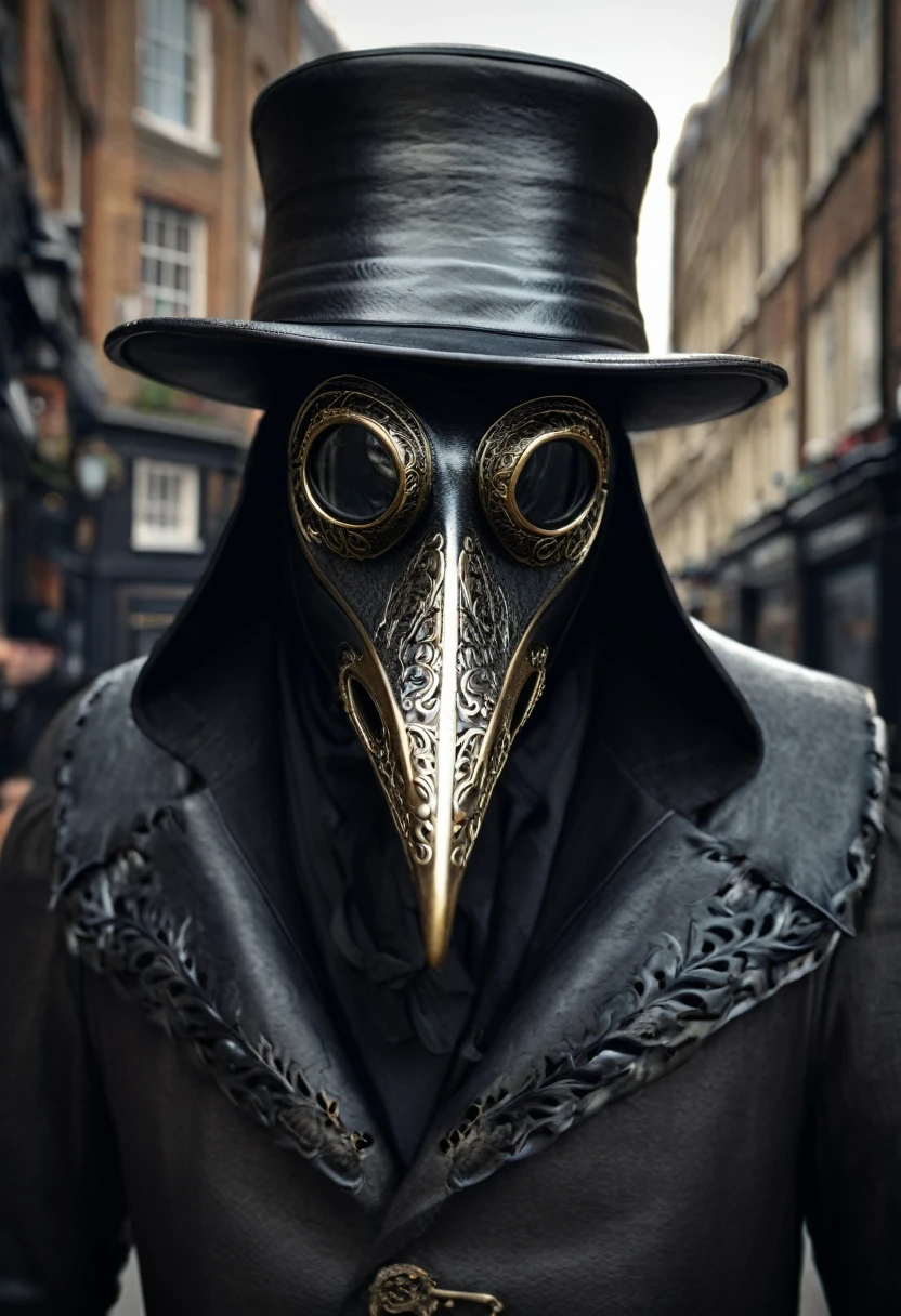 (best quality,4k,highres,masterpiece:1.2),ultra-detailed,(realistic,photorealistic,photo-realistic:1.37),intricate,victorian style,dark ambiance,HDR,plague doctor,old street of London,hyper detailed,better rendering of the plague doctor mask, leather dark mask