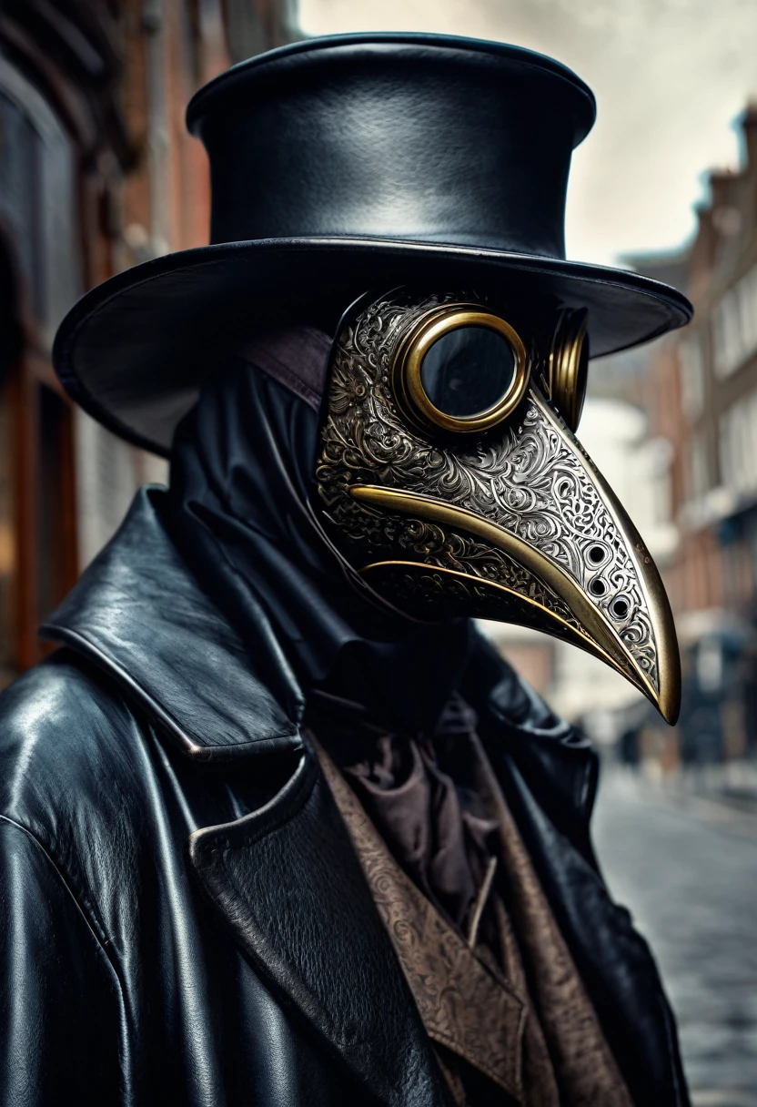 (best quality,4k,highres,masterpiece:1.2),ultra-detailed,(realistic,photorealistic,photo-realistic:1.37),intricate,victorian style,dark ambiance,HDR,plague doctor,old street of London,hyper detailed,better rendering of the plague doctor mask, leather dark mask