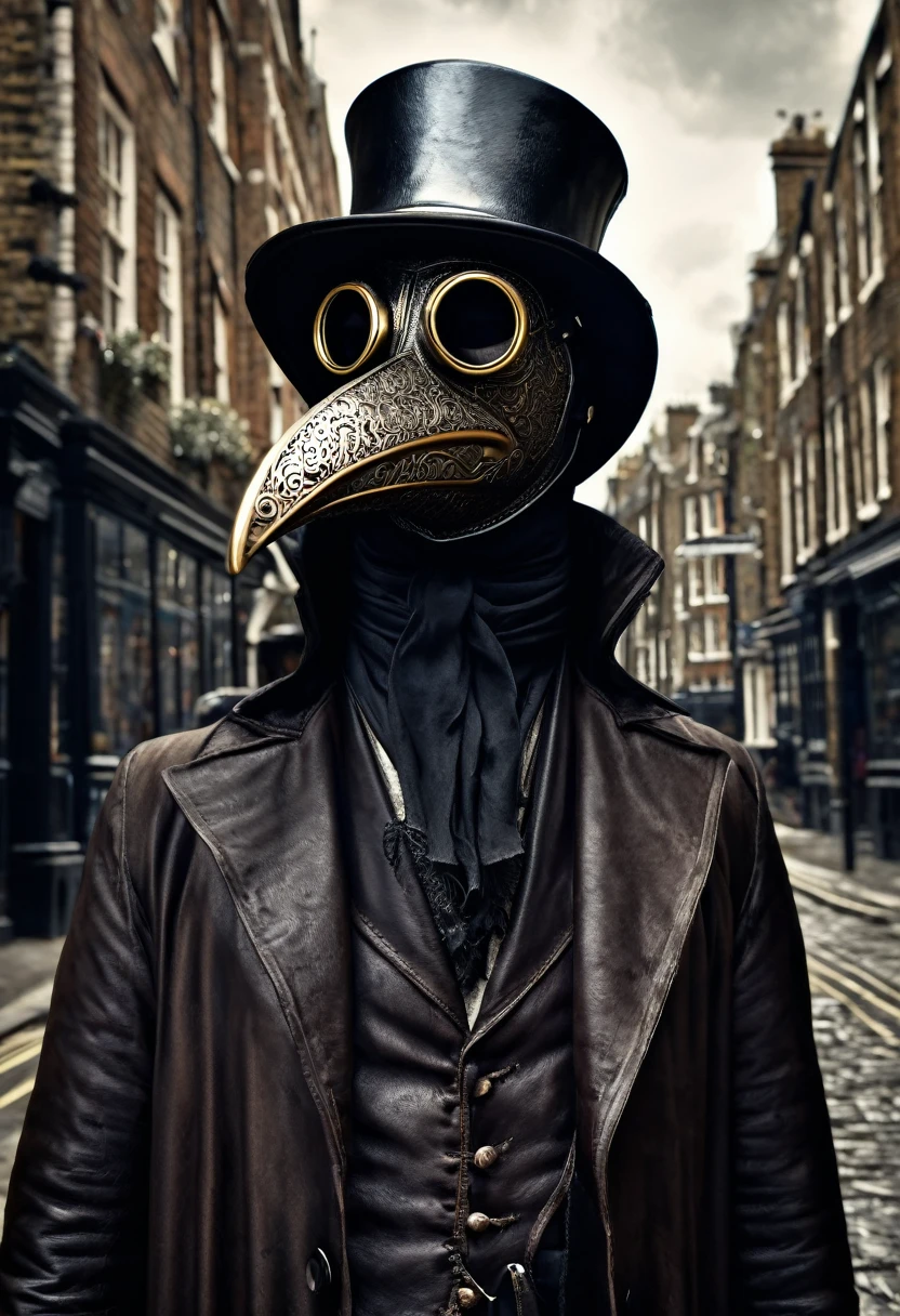 (best quality,4k,highres,masterpiece:1.2),ultra-detailed,(realistic,photorealistic,photo-realistic:1.37),intricate,victorian style,dark ambiance,HDR,plague doctor,old street of London,hyper detailed,better rendering of the plague doctor mask, leather dark mask