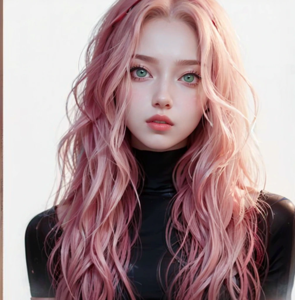 young woman, short shoulder-length pink hair, wide forehead, porcelain skin, pink eyebrows, big emerald green eyes, buttoned nose, full lips, heart-shaped face, slender body, small breasts, red tank top, Sakura Haruno , realistic, realism, details, 3d, well detailed
