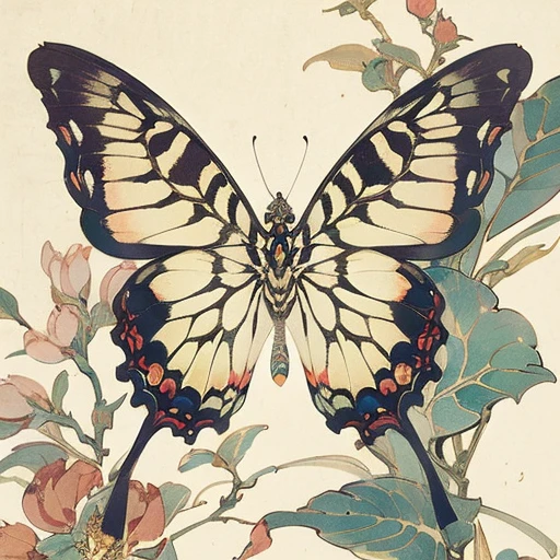 (masterpiece, best quality),ukiyoe, North American Zebra Swallowtail Butterfly, depth of field, highest quality, ultra detail, Alphonse Mucha, Solo 1