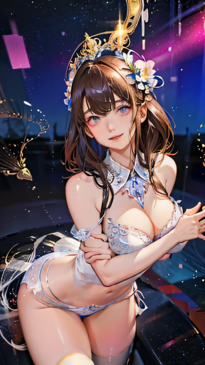 (highest quality, High resolution), Glowing Eyes, Delicate facial features, Vibrant colors, Dreamy atmosphere, Fantasy Theme, Floral Background, Graceful Movement, Magic lighting, Mysterious Aura, Heavenly Beauty, Magic thread, Whimsical elements,Big Breasts、lingerie、sexy