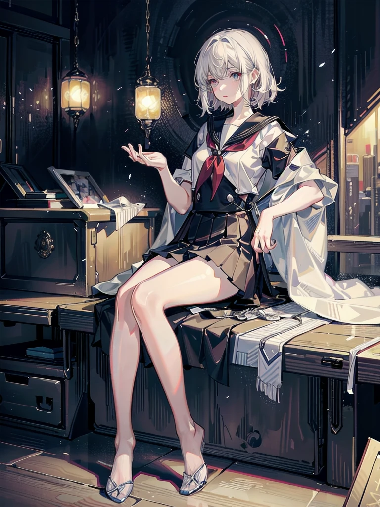 absurdres, RAW photo, extremely delicate and beautiful, masterpiece, Best Quality, ultra high resolution, 32k, hyperrealistic, ultra-detailed, detailed description, pale skin, 20 years old, tearful mole, earring, Colossal tits, short medium hair, wavy hair, full body shot, sailor uniform, school_uniform,