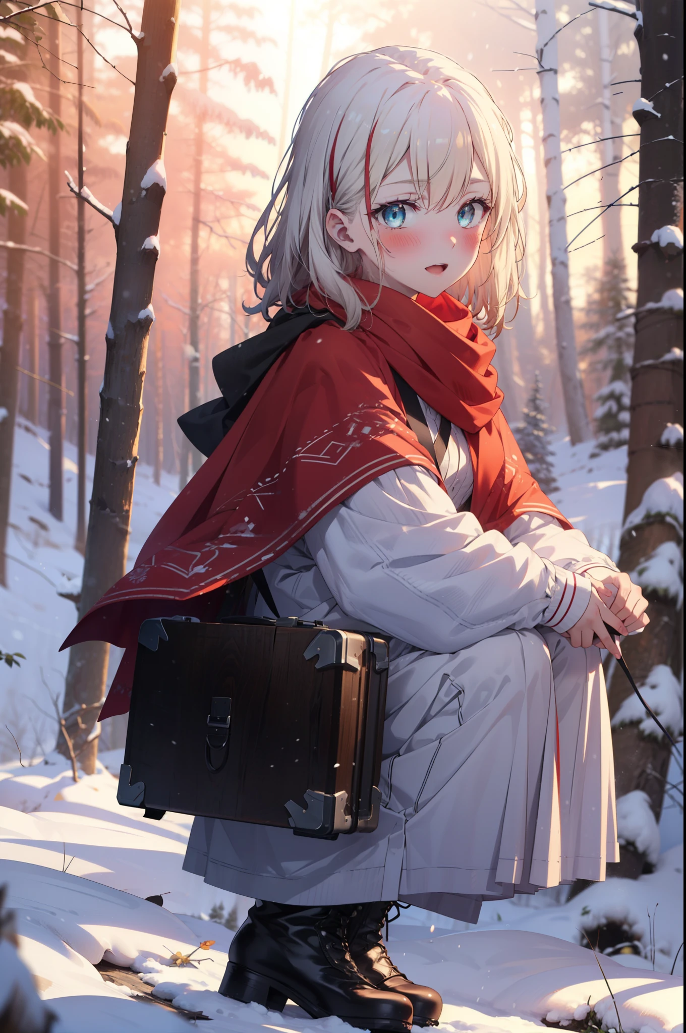 Arisburg, Alice Zuberg, bangs, blue eyes, Blonde, Hair between the eyes, Very long hair, hair band, white hair band,smile,blush,White Breath,
Open your mouth,snow,Ground bonfire, Outdoor, boots, snowing, From the side, wood, suitcase, Cape, Blurred, forest, White handbag, nature,  Squat, Mouth closed,Cape, winter, Written boundary depth, Black shoes, red Cape break looking at viewer, Upper Body, whole body, break Outdoor, forest, nature, break (masterpiece:1.2), highest quality, High resolution, unity 8k wallpaper, (shape:0.8), (Beautiful and beautiful eyes:1.6), Highly detailed face, Perfect lighting, Highly detailed CG, (Perfect hands, Perfect Anatomy),