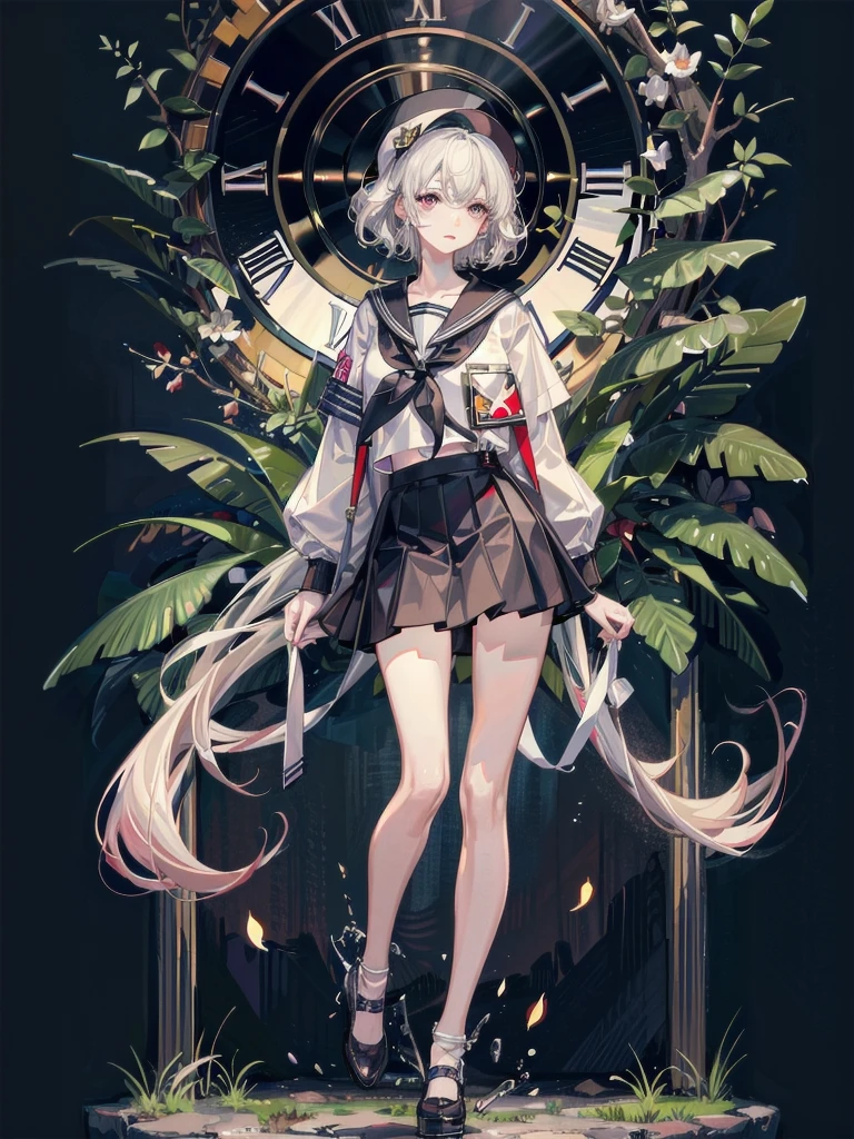 absurdres, RAW photo, extremely delicate and beautiful, masterpiece, Best Quality, ultra high resolution, 32k, hyperrealistic, ultra-detailed, detailed description, pale skin, 20 years old, tearful mole, earring, Colossal tits, short medium hair, wavy hair, full body shot, sailor uniform, school_uniform,