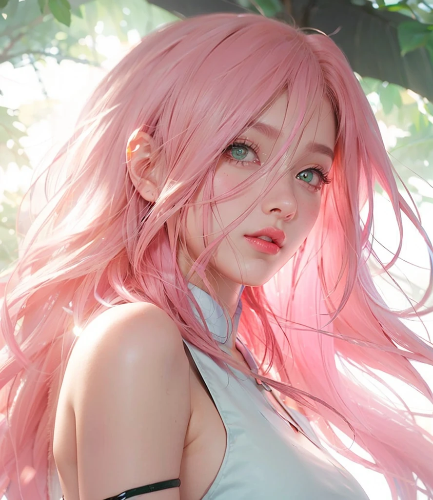 young woman, short shoulder-length pink hair, wide forehead, porcelain skin, pink eyebrows, big emerald green eyes, buttoned nose, full lips, heart-shaped face, slender body, small breasts, red tank top, Sakura Haruno , realistic, realism, details, 3d, well detailed