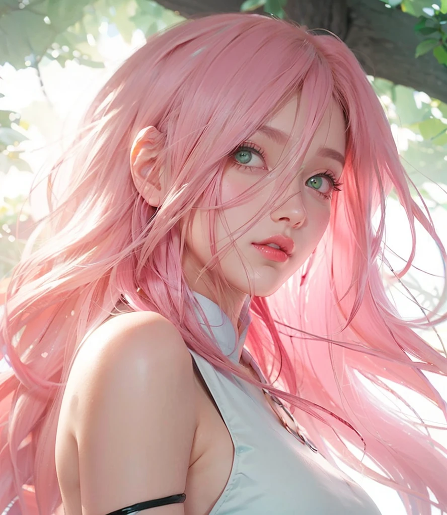 young woman, short shoulder-length pink hair, wide forehead, porcelain skin, pink eyebrows, big emerald green eyes, buttoned nose, full lips, heart-shaped face, slender body, small breasts, red tank top, Sakura Haruno , realistic, realism, details, 3d, well detailed
