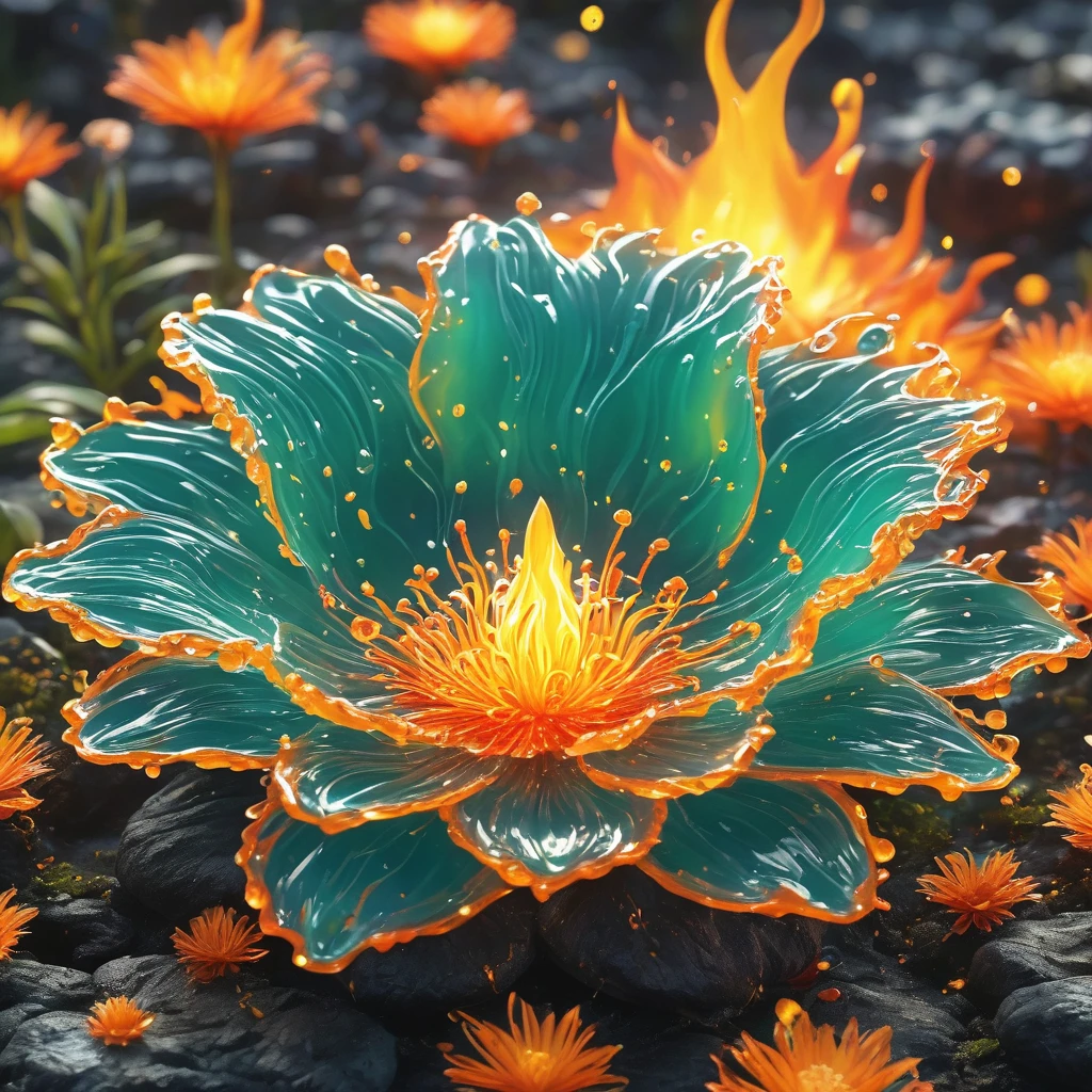 best quality, very good, 16K, ridiculous, Extremely detailed, Gorgeous slime flame flower,Made of translucent boiling lava, Background grassland((A masterpiece full of fantasy elements))), ((best quality)), ((Intricate details))(8k)