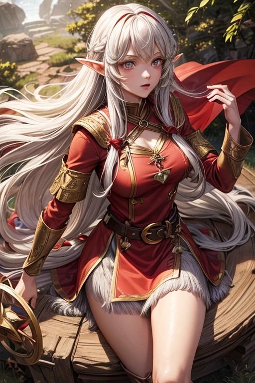 30 year old elf woman with long golden hair, long messy hairstyle with fringe, pointed elf ears, red medieval wizard clothes with gray eyes holding a bow with red gems, magic circle decorations, brown boots, brown leather belt , gem ornaments on forest background with magic symbols