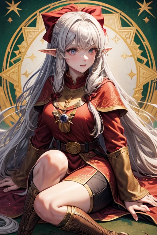 30 year old elf woman with long golden hair, long messy hairstyle with fringe, pointed elf ears, red medieval wizard clothes with gray eyes holding a bow with red gems, magic circle decorations, brown boots, brown leather belt , gem ornaments on forest background with magic symbols
