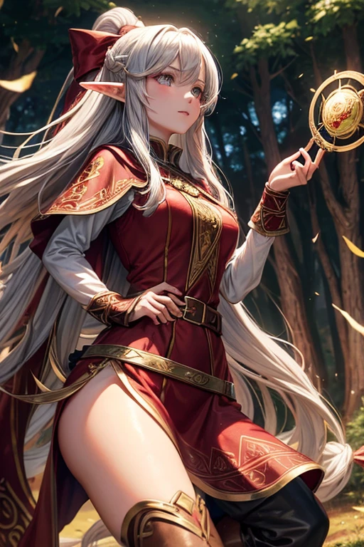 30 year old elf woman with long golden hair, long messy hairstyle with fringe, pointed elf ears, red medieval wizard clothes with gray eyes holding a bow with red gems, magic circle decorations, brown boots, brown leather belt , gem ornaments on forest background with magic symbols