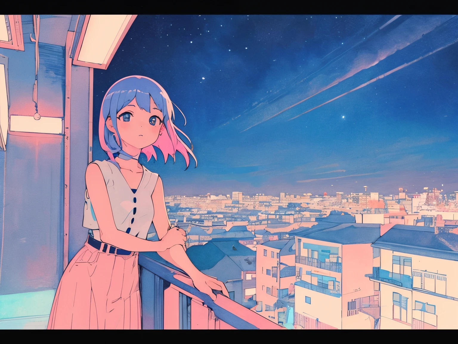 (praise), Anime girl looking at the sky from the balcony of an old house, Lo-fi image,Retro, flat,2.5D, Night Light, Rooftop view, Neonscape, Beautiful colorful night sky,performer ,Analog Color Theme, Fantasy ,Line art, Ink drawing, Big incline, watercolor, Gouache Color, Studio Ghibli style, Great colorful, Out turn, Synthwave, Lofi Art,90s Style,Old Texture, amplitude,90s vibe, masterpiece, A huge amount of skill