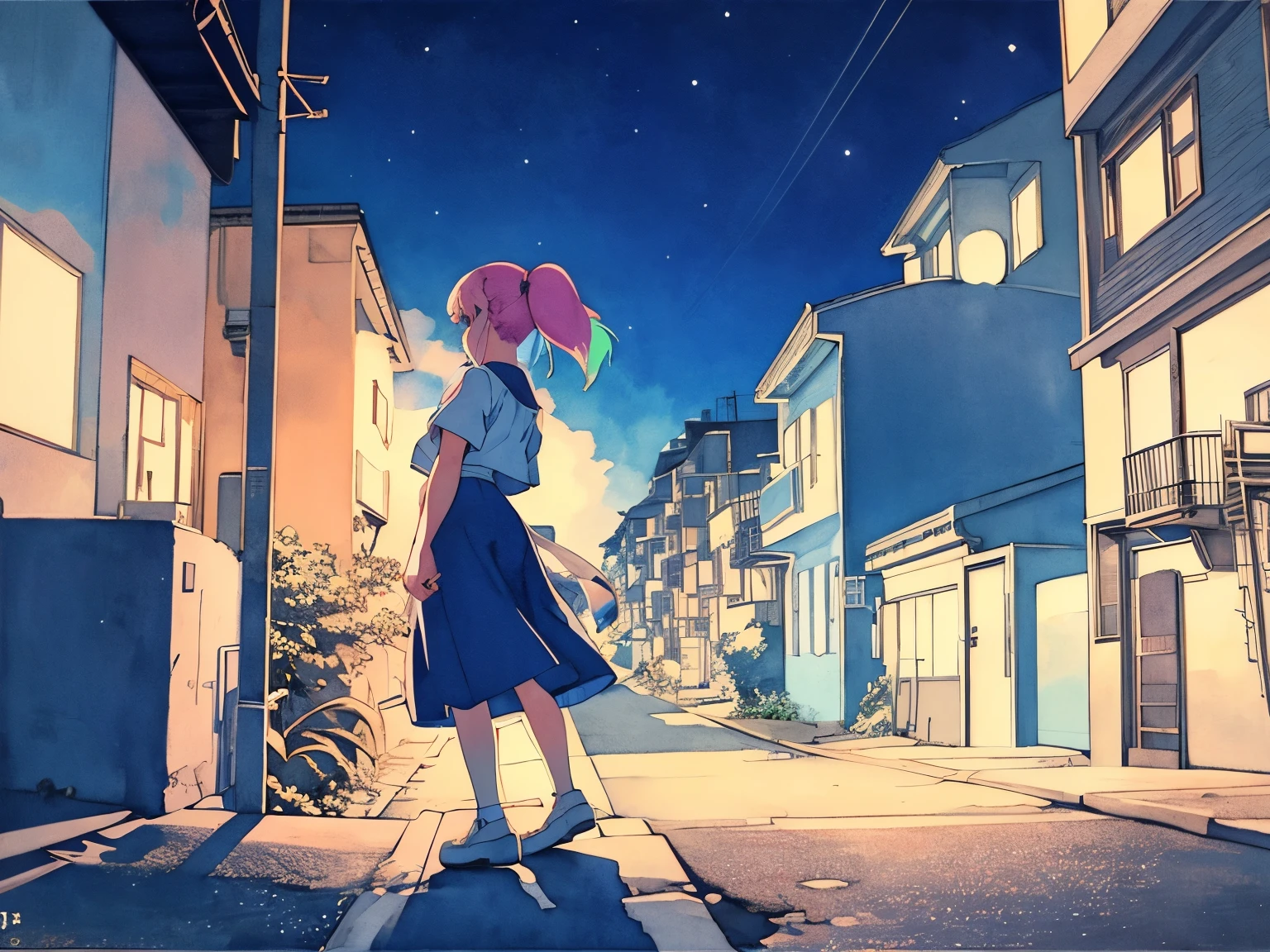 (praise), Anime girl looking at the sky from the balcony of an old house, Lo-fi image,Retro, flat,2.5D, Night Light, Rooftop view, Neonscape, Beautiful colorful night sky,performer ,Analog Color Theme, Fantasy ,Line art, Ink drawing, Big incline, watercolor, Gouache Color, Studio Ghibli style, Great colorful, Out turn, Synthwave, Lofi Art,90s Style,Old Texture, amplitude,90s vibe, masterpiece, A huge amount of skill、profile