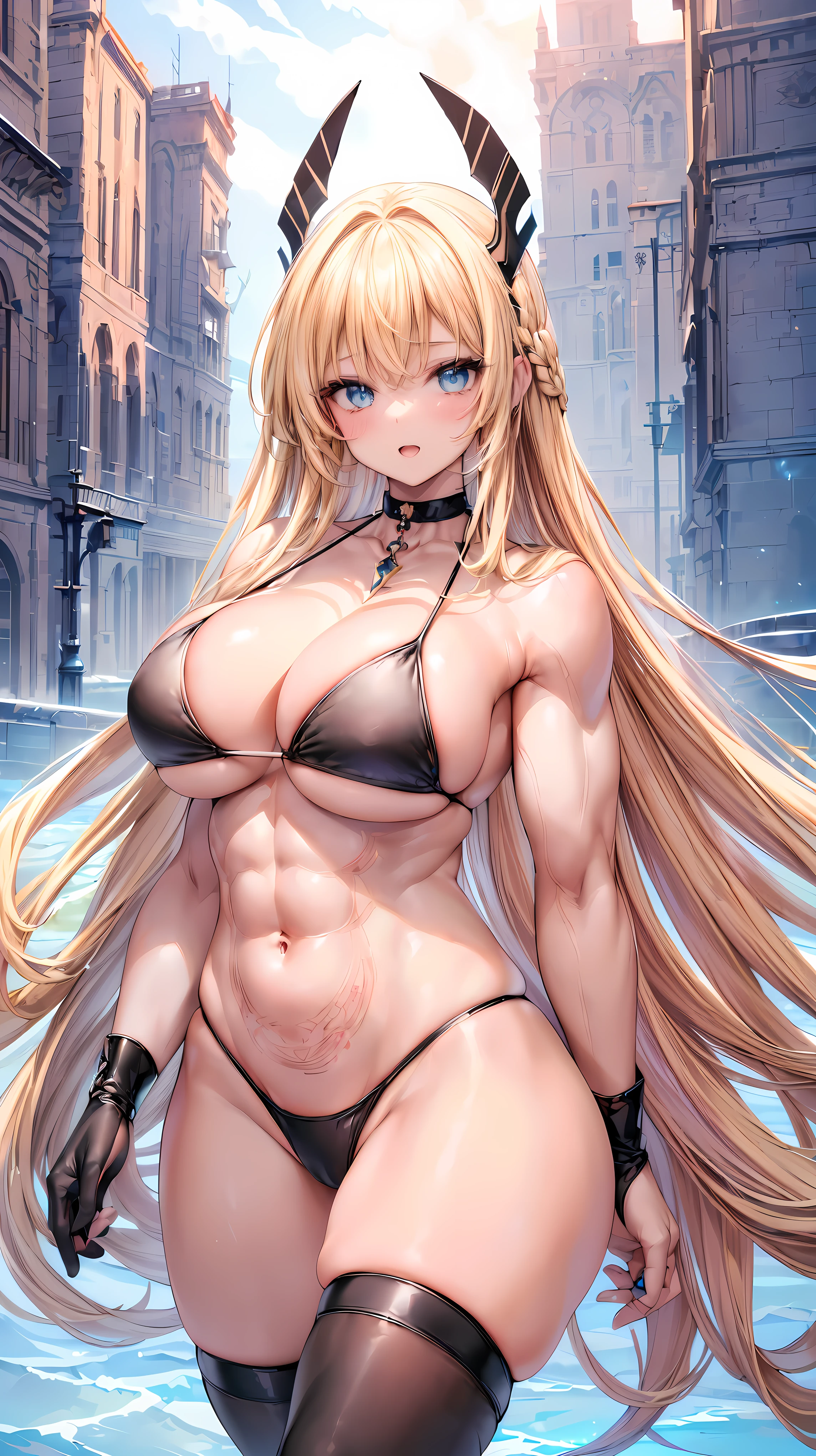 Very detailed、highest quality、Best image quality、masterpiece、8k、Anime Face、A kind smile、(Open your mouth:1.3)、Sparkling blue eyes、(Blonde semi-long hair:1.5)、(Muscles of the whole body:1.3)、(High leg:2.0)、Thigh belt、(Black high-cut bikini:1.5)、(Upper body photo:1.5)、(SFW Giant)、(Thick body:1.2)