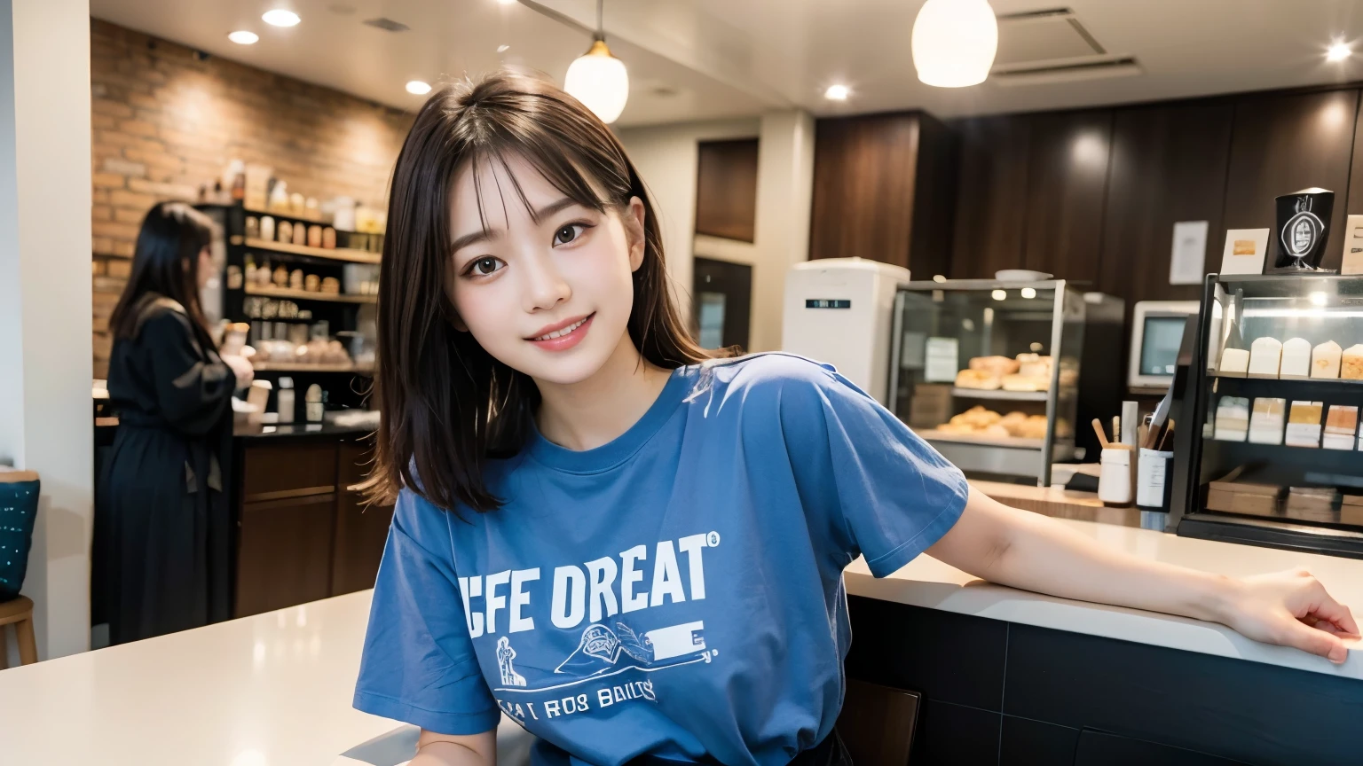 super high quality, Fashion Model, Slender, Gravure photoshoot, The staff is working at the counter in the back., (8k、RAW Photos、highest quality、masterpiece:1.2), Japanese Idol, Stylish café, The cafe is crowded with people enjoying themselves., (Realistic、Photorealistic:1.37), Mesh Hair, Urban Cafe, Golden Ratio, Raw photo, Cute face , Light Brown Hair, Small breasts, Bright cafe interior, Blurred Background, Beautiful hairstyle, Spoiled, Smile, Neat clothes, boyish, T-Shirts, 18-year-old, 
