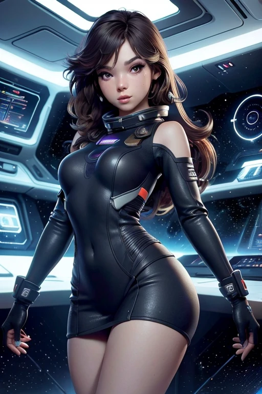 (Best quality, masterpiece: 1.1), (fidelity: 1.4), 1 girl, upper body, very long hair, study, very young girl, slave, ((very sexy spacesuit)), slave necklace, high heels, ((very small breasts)), extremely beautiful woman, (ultra detailed and toned legs), ((very wide hips)), ((very thick and toned thighs)), (sexy), ((extreme hourglass figure)), ((very thick heart lips)), ((red lipstick)), ((blue eyes)), ((angry look)), (blush), (makeup), ((she use a sexy spacesuit)), ((the suit has a miniskirt)), high heels, in a space ship, in middle of the space, she is angry
