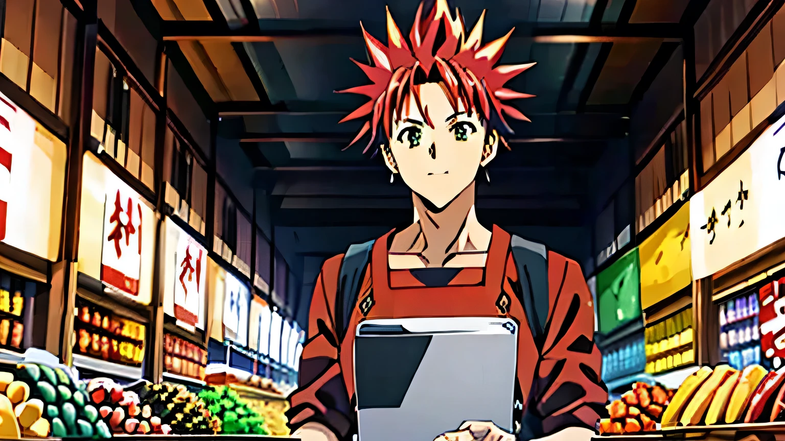 a wide-eyed young man red spiked hair character enters a bustling traditional marketplace drawn towards the vibrant stalls, in style Shokugeki no Soma, 4k