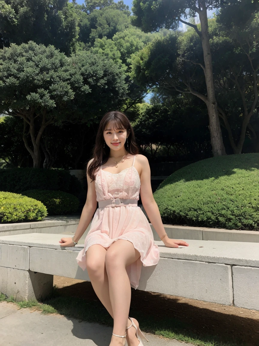 (RAW Photos:1.2), (Realistic:1.4),Beautiful detailed woman,非常にfine grainと顔, fine grain, Very detailed,High resolution, Very detailed,highest quality,Consciousness upward,Unified,8k wallpaper,masterpiece,highest quality,1 female,alone,rich,Whole Body Ezbian,(A little chubby:0.9),Toned figure,,Tight waist,alone,(Pink one piece suit,mini skirt,High heels),Jewelry Necklace Medium Long Hair,A kind smile,A dignified atmosphere,black eye,Realistic,Central Park , (Morning Park:1.1)