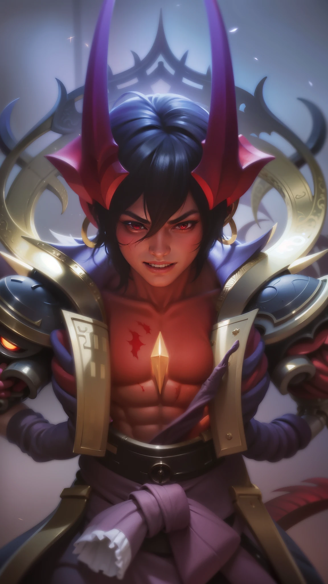 boy with purple hair and red shirt holding a purple ball, Masterpiece, ultra HD, detailed all picture, a close up of a devil, dyrroth from mobile legend, evil, extremely detailed artgerm, mobile legends character, inspired by Dyrroth, Six pack chest and abs, black jewel above the chest, strong red eyes, glare.