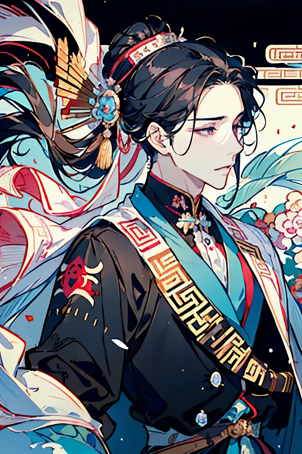 ((Two young men around 18 years old)),(Black Hair:1.3),(Long Hair:1.3),(Royal costume like that of a Chinese prince:1.5),(Pink and white and yellow and light blue),((Close-up of face:1.1)),((Hair tied up:1.2))