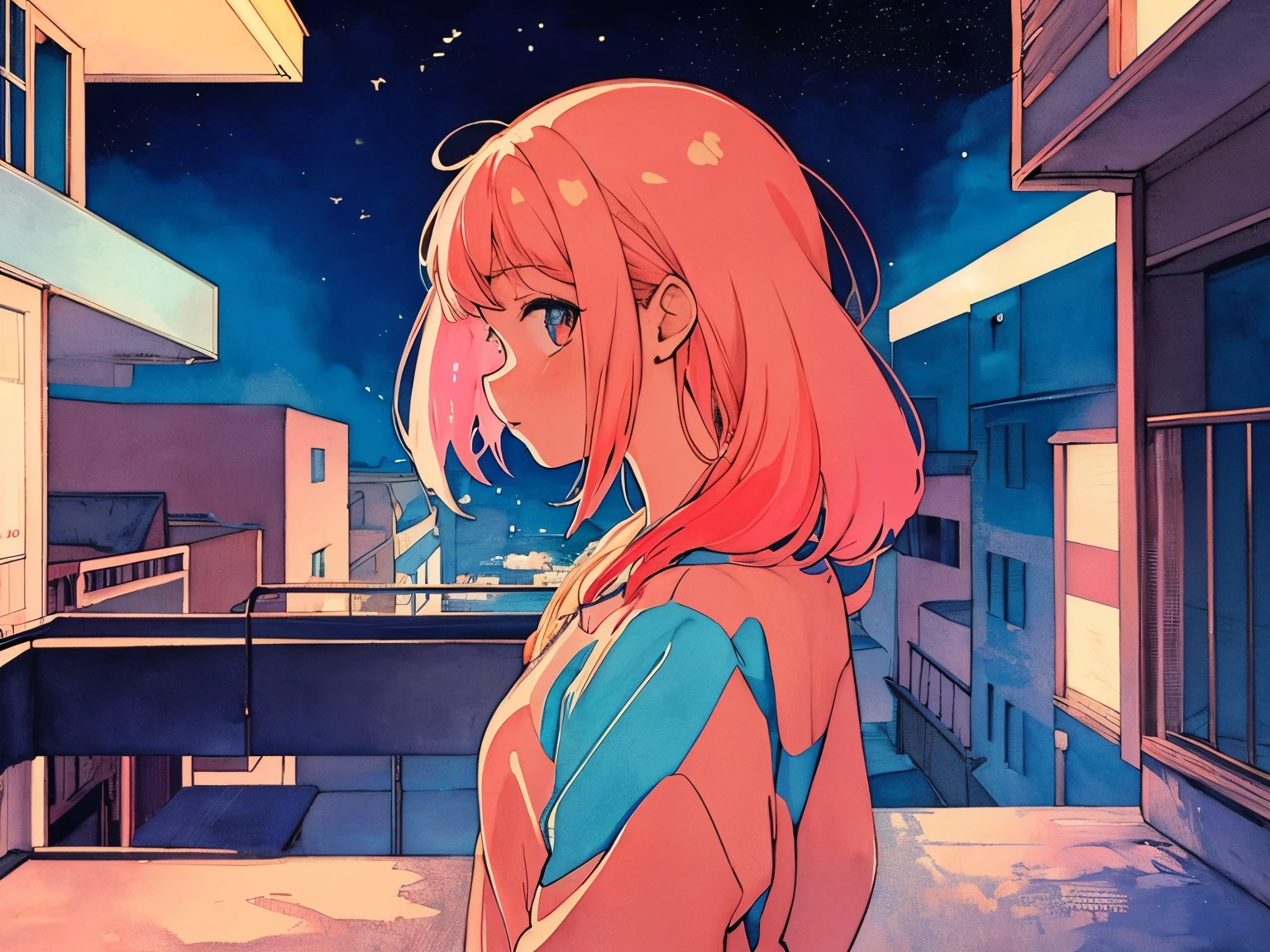 (praise), Anime girl looking at the sky from the balcony of an old house, Lo-fi image,Retro, flat,2.5D, Night Light, Rooftop view, Neonscape, Beautiful colorful night sky,performer ,Analog Color Theme, Fantasy ,Line art, Ink drawing, Big incline, watercolor, Gouache Color, Studio Ghibli style, Great colorful, Out turn, Synthwave, Lofi Art,90s Style,Old Texture, amplitude,90s vibe, masterpiece, A huge amount of skill、profile