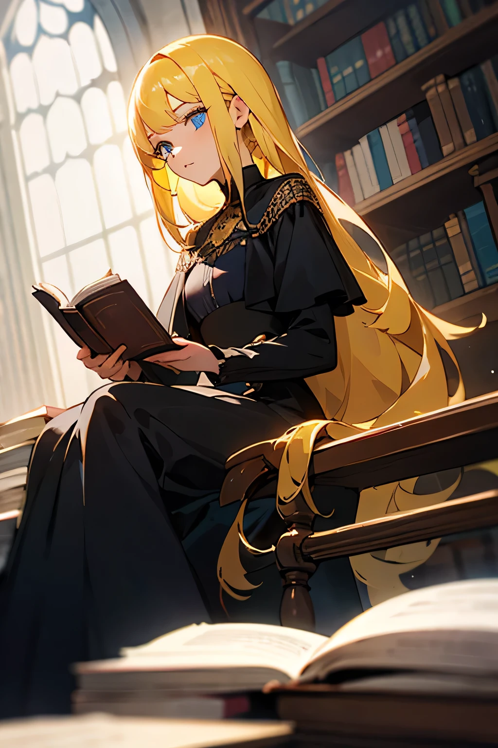 The girl, with blue eyes and yellow hair, and wearing a long black dress, was reading a book in the royal library.