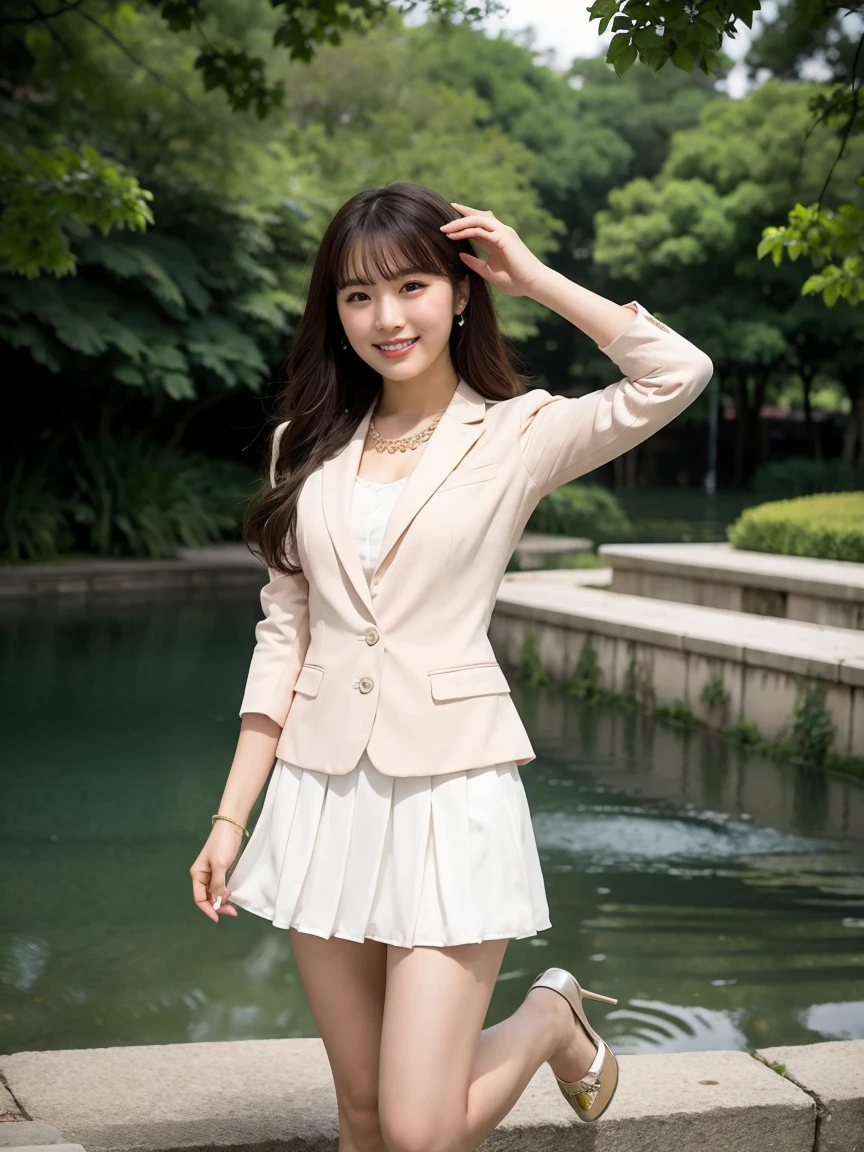 (RAW Photos:1.2), (Realistic:1.4),Beautiful detailed woman,非常にFine grainと顔, Fine grain, Very detailed,High resolution, Very detailed,highest quality,Awareness-raising,Unified,8k wallpaper,masterpiece,highest quality,1 female,alone,rich,Whole Body Ezbian,(A little chubby:0.9),Toned figure,,Narrow waist,alone,(Pink one piece suit,mini skirt,High heels),Jewelry Necklace Medium Long Hair,優しいsmile,A dignified atmosphere,black eye,Realistic,Central Park ,smile、 Dancing