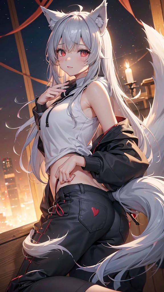 ((1girl, wolf girl, wolf girl, wolf ears, wolf tail, fluffy tail, fluffy ears, large tail, one tail, [tail attached to tailbone])), light skin, blood red eyes, black hair, neck length hair, strong, starry eyes, stern expression, hoodie sweatshirt, cargo shorts, modestly dressed, pants down to knees, beautiful, athletic, clean fingers, well-formed fingers, no extra limbs, high detail, romanticism, film lighting, ray tracing, motion rye, uhd, high detail, top quality, 8k, safe for work,