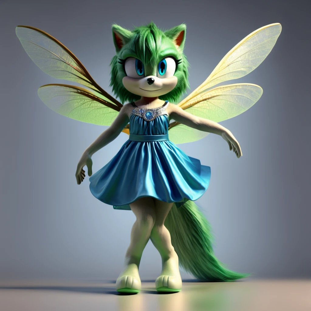 Hyperrealistic, photorealistic, adorable, sonic style, anthro, dragonfly, green hair, blue eyes, blue dress, girl, wings