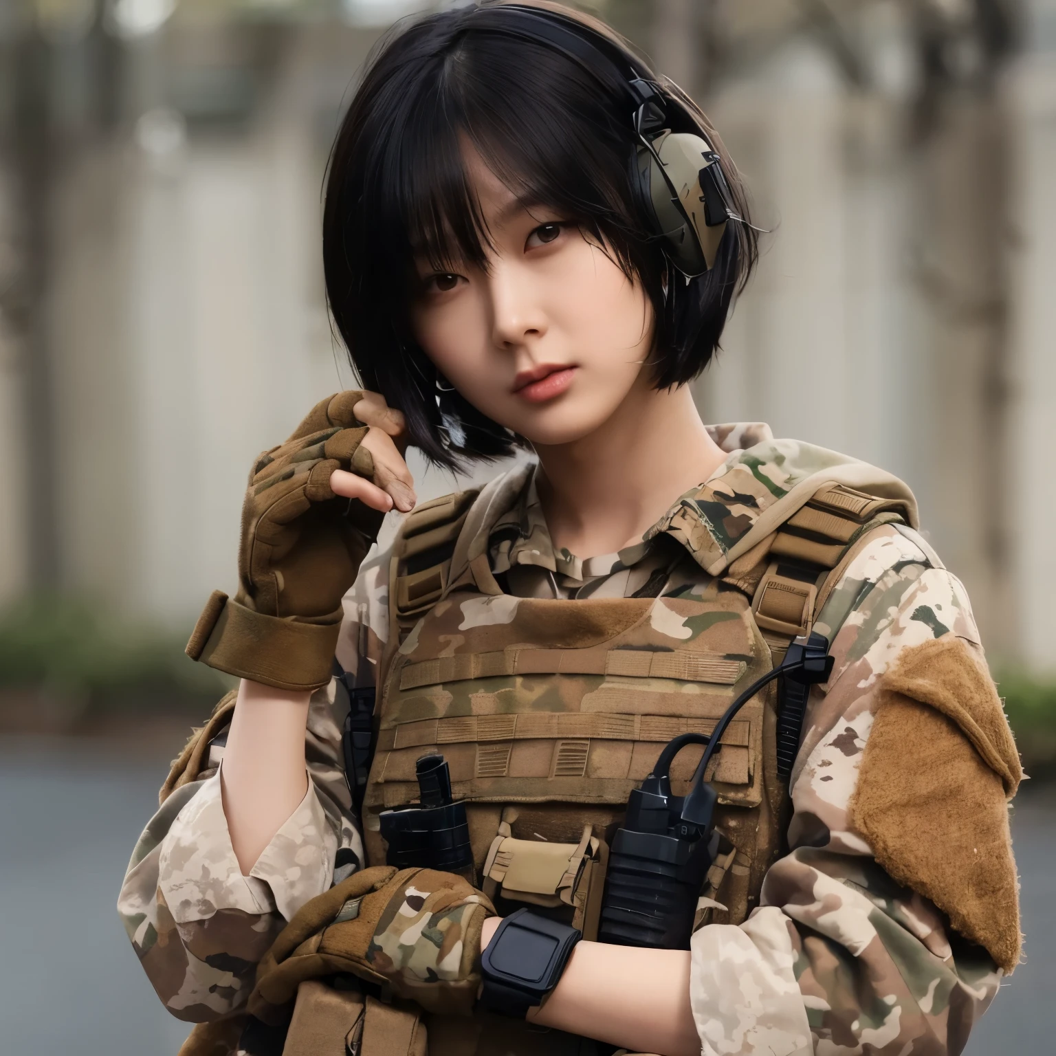 a female soldier, short black hair, wearing brown camouflage army clothing, wearing a bulletproof vest, wearing earphones, wearing army gloves, her face looks like an Asian woman, posing elegantly, the background is in a combat training area, high quality, realistic, Giselle de AESPA, (perfect fingers) 