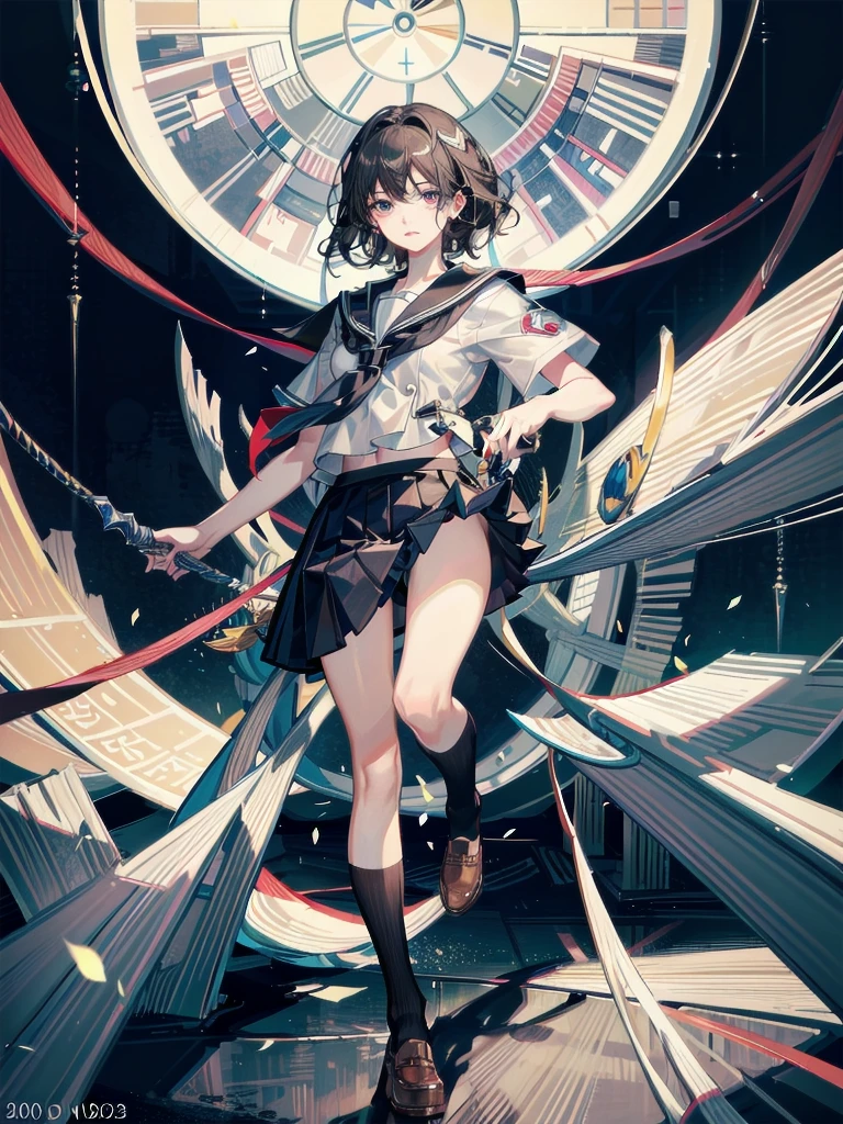 absurdres, RAW photo, extremely delicate and beautiful, masterpiece, Best Quality, ultra high resolution, 32k, hyperrealistic, ultra-detailed, detailed description, pale skin, 20 years old, tearful mole, earring, Colossal tits, short medium hair, wavy hair, full body shot, sailor uniform, school_uniform,