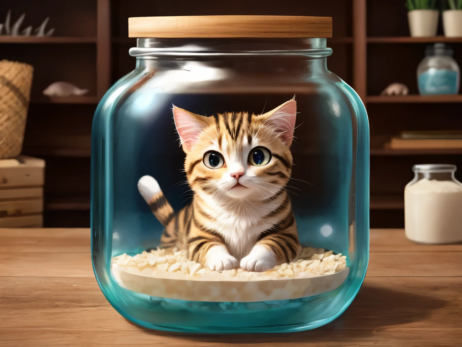 cute cat in stuck in fish jar, no fish, sea in BG