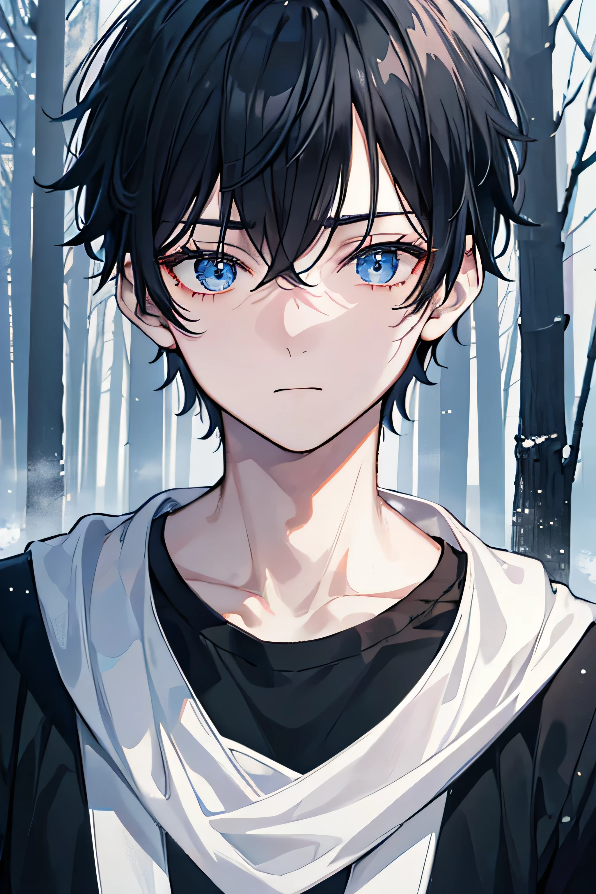 1boy, short messy black hair, , blank expression, closed mouth, depressed dark blue eyes, eyebags, tall, muscular build, wearing plain black shirt, in snowy forest, 8k, highres, looking at viewer, absurdres, masterpiece, very close closeup of face, scratching back of head, shining star in the middle, no pose