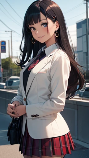 (masterpiece:1.2, highest quality), (Realistic, photoRealistic:1.4), Beautiful illustrations, (Natural Side Lighting, Cinema Lighting),
View your viewers, whole body, 1 girl, Japanese, high school girl, Perfect Face, Cute and symmetrical face, Shiny skin, Baby Face,
(Long Hair, Straight hair, hairpin, Black Hair), Swept-apart bangs, blue eyes, Big eyes, Droopy eyes, (Middle chest, Captivating thighs, Big Ass), Earrings,
Beautiful Hair, Beautiful Face, Beautiful fine details, Beautiful clavicle, Beautiful body, Beautiful breasts, Beautiful thighs, Beautiful feet, Beautiful fingers,
((Cute white blazer, (Black collared shirt), Red Plaid Pleated Mini Skirt, Red tie), Black Pantyhose), Navy School Bag,
(Beautiful views), evening, street, School desk, walking, wave hands, (Cute smile, Upward glance, Open your mouth),