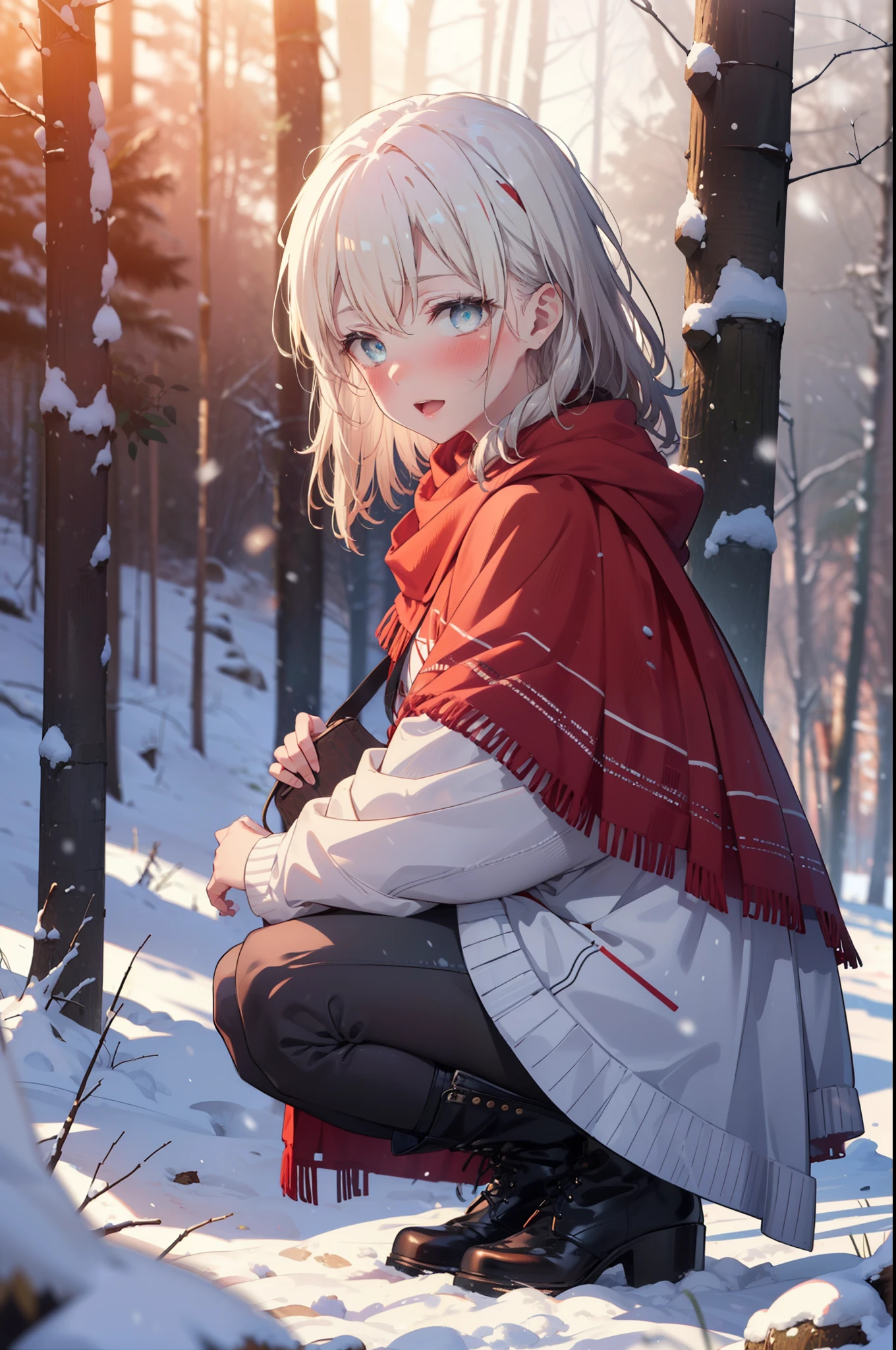 Arisburg, Alice Zuberg, bangs, blue eyes, Blonde, Hair between the eyes, Very long hair, hair band, white hair band,smile,blush,White Breath,
Open your mouth,snow,Ground bonfire, Outdoor, boots, snowing, From the side, wood, suitcase, Cape, Blurred, forest, White handbag, nature, Squat, Mouth closed,Cape, winter, Written boundary depth, Black shoes, red Cape break looking at viewer, Upper Body, whole body, break Outdoor, forest, nature, break (masterpiece:1.2), highest quality, High resolution, unity 8k wallpaper, (shape:0.8), (Beautiful and beautiful eyes:1.6), Highly detailed face, Perfect lighting, Highly detailed CG, (Perfect hands, Perfect Anatomy),