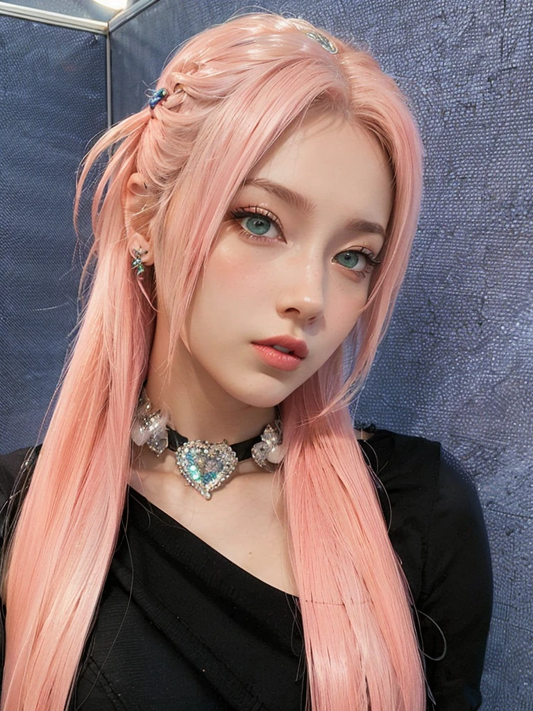 young woman, short shoulder-length pink hair, wide forehead, porcelain skin, pink eyebrows, big emerald green eyes, buttoned nose, full lips, heart-shaped face, slender body, small breasts, red tank top, Sakura Haruno , realistic, realism, details, 3d, well detailed