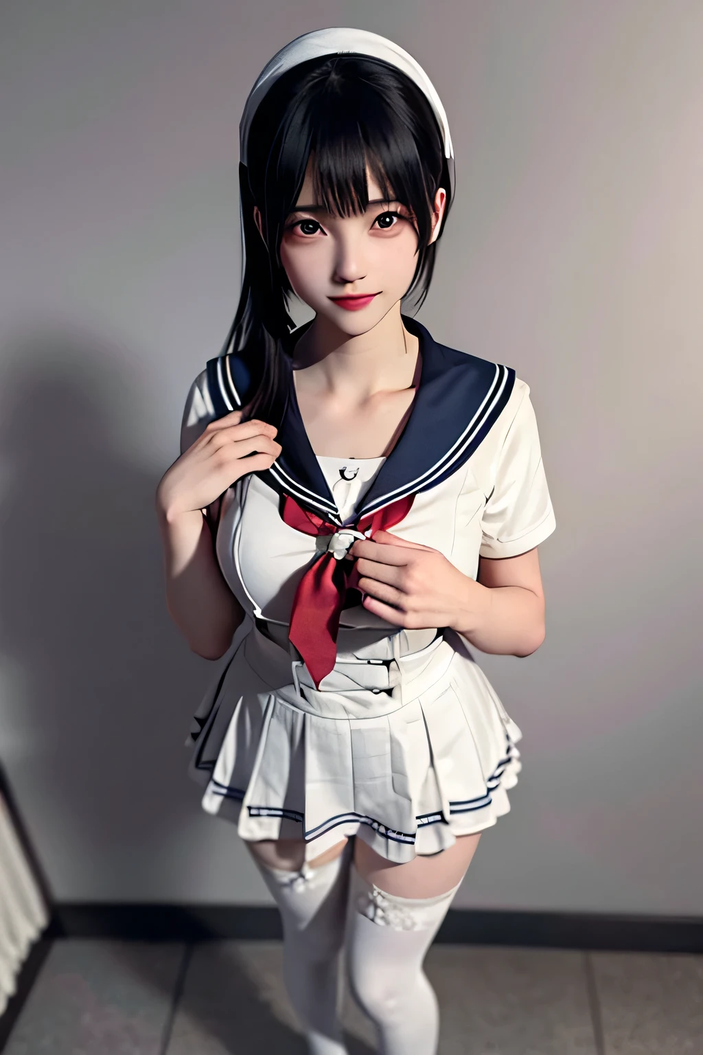 An innocent 20-year-old girl, ((sailor uniform, white thighhighs, Dramatic Pose)),smile, (high Twintails),natural Park、RAW Photos, (8k、highest quality、masterpiece:1.2)、(Intricate details:1.4)、(Photorealistic:1.4)、Octane Rendering、Complex 3D rendering with ultra-detail, Studio Soft Light, Rim Light, Vivid details, Super Detail, Realistic skin texture, Detailed aspect, Beautiful details in the eyes, Highly detailed CG Unity 16k wallpaper, compensate, (Detailed Background:1.2), Glowing Skin, whole body, (thin legs), small waist, Cleavage,(Standing with hand on chest), from above