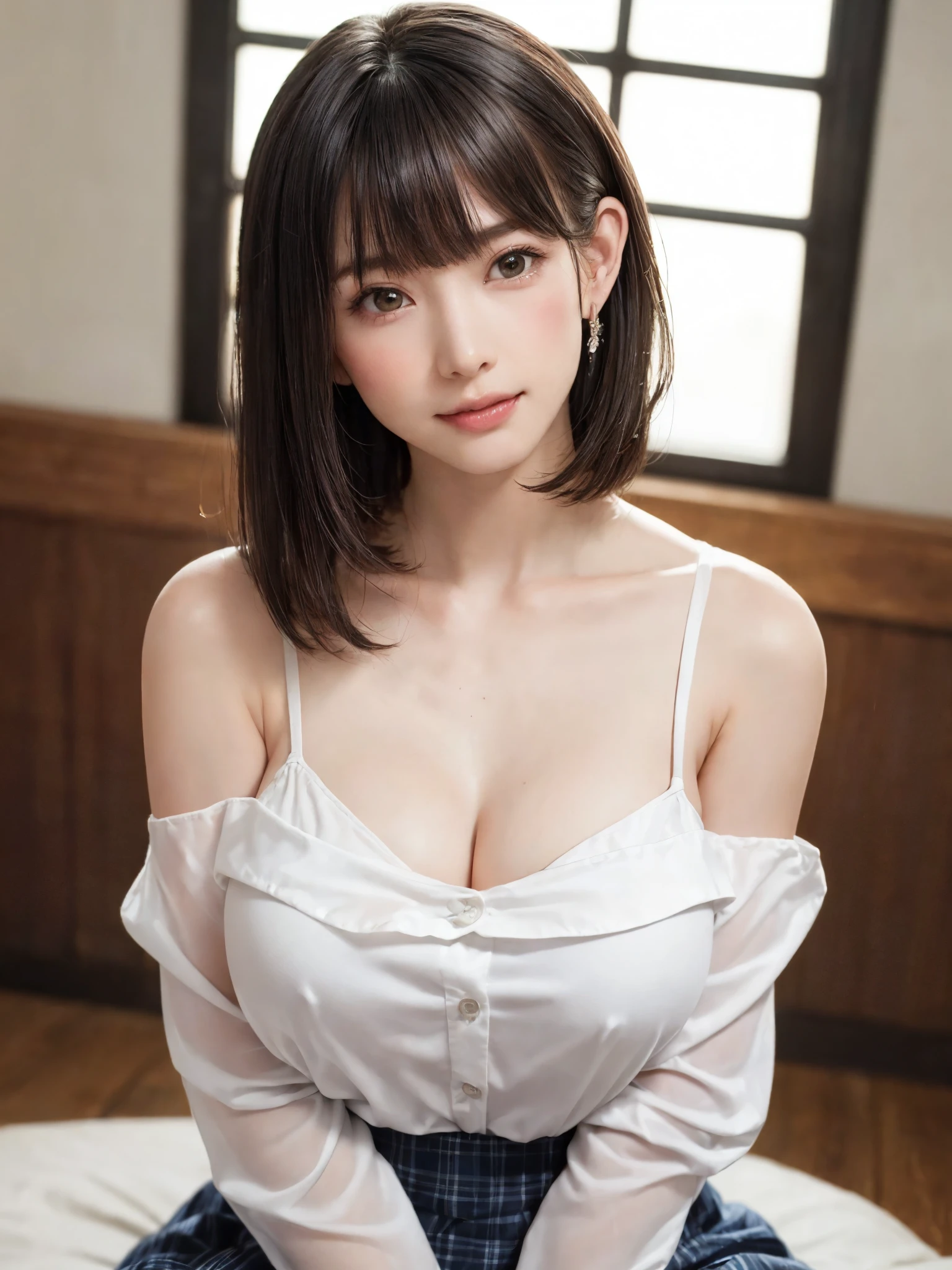 (table top:1.4、highest quality:1.4、best image quality:1.4、Beautiful adult woman full of charm with cute adult smile:1.4、beautiful teeth、lip gloss、brunette short bob hair、shiny and glossy hair、Has shiny bangs:1.4、bangs:1.4、short shiny hair with long locks,,,,,,、long neck:1.4、please show me your ears、tall supermodel、Supermodel with broad shoulders、{Huge|big|Huge|mega} chest, Beautiful chest have cleavage)、(cute high school girl、off-shoulder white see-through shirt、Short plaid see-through pleated skirt、28 years old)、Very cute and attractive woman