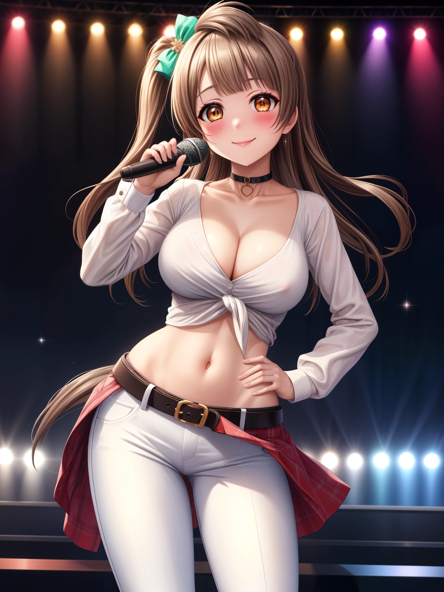 Masterpiece, best quality,Minami kotori,volumetric lighting, illustration, beautiful, tight , Blushing,breasts, blush, smile, bangs, large_breasts, shirt, long_sleeves, holding, cleavage, closed_mouth, standing, collarbone, white_shirt, cowboy_shot, midriff, belt, pants, blunt_bangs, hand_on_hip, sparkle, makeup, microphone, straight_hair, wide_hips, contrapposto, white_pants, music, holding_microphone, narrow_waist, cropped_shirt