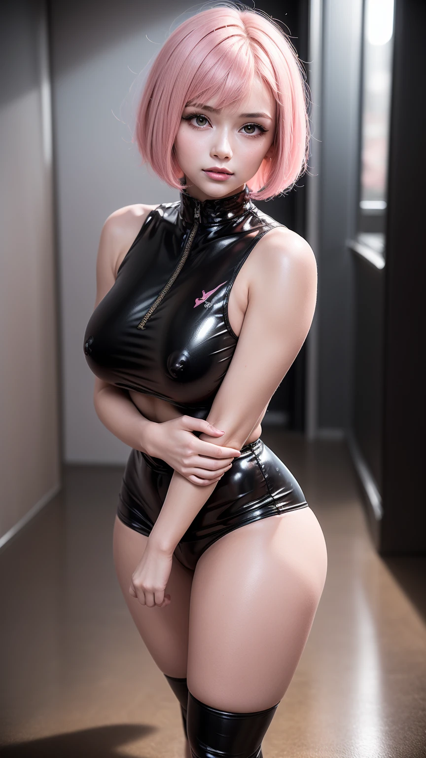 Girl with pink bob hair, perfect body, horny nsfw wonderful breasts, beautiful, sleeveless black latex shirt, black skirt, black sneakers,with dim surrounding lighting is exuding. She is a girl whose whole body is important, and whose whole body becomes a Vtuber girl.