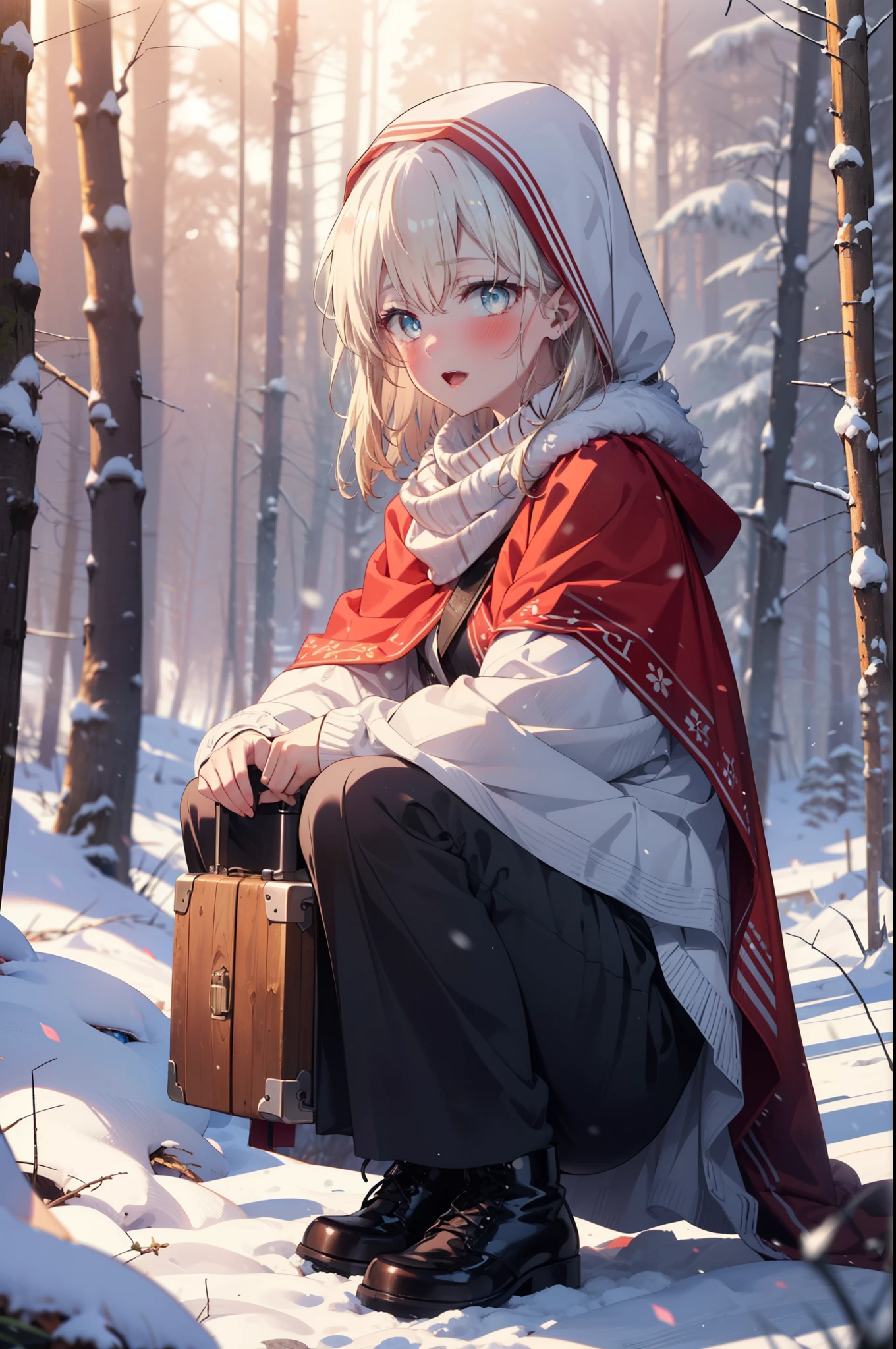 Arisburg, Alice Zuberg, bangs, blue eyes, Blonde, Hair between the eyes, Very long hair, hair band, white hair band,smile,blush,White Breath,
Open your mouth,snow,Ground bonfire, Outdoor, boots, snowing, From the side, wood, suitcase, Cape, Blurred, forest, White handbag, nature, Squat, Mouth closed,Cape, winter, Written boundary depth, Black shoes, red Cape break looking at viewer, Upper Body, whole body, break Outdoor, forest, nature, break (masterpiece:1.2), highest quality, High resolution, unity 8k wallpaper, (shape:0.8), (Beautiful and beautiful eyes:1.6), Highly detailed face, Perfect lighting, Highly detailed CG, (Perfect hands, Perfect Anatomy),