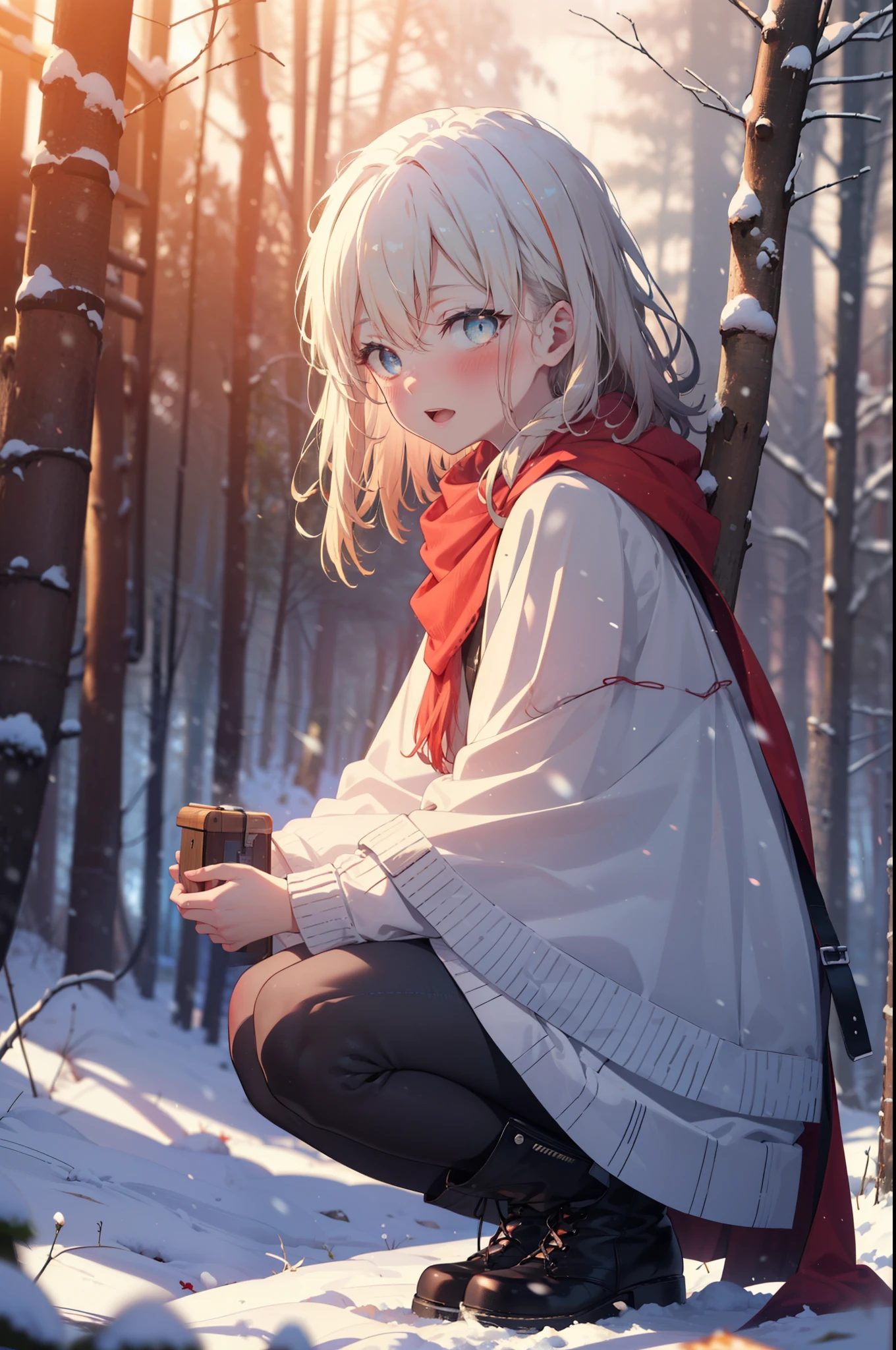 Arisburg, Alice Zuberg, bangs, blue eyes, Blonde, Hair between the eyes, Very long hair, hair band, white hair band,smile,blush,White Breath,
Open your mouth,snow,Ground bonfire, Outdoor, boots, snowing, From the side, wood, suitcase, Cape, Blurred, forest, White handbag, nature,  Squat, Mouth closed,Cape, winter, Written boundary depth, Black shoes, red Cape break looking at viewer, Upper Body, whole body, break Outdoor, forest, nature, break (masterpiece:1.2), highest quality, High resolution, unity 8k wallpaper, (shape:0.8), (Beautiful and beautiful eyes:1.6), Highly detailed face, Perfect lighting, Highly detailed CG, (Perfect hands, Perfect ???????),