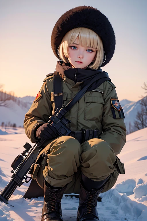 Ultra-detailed, master_piece, Top_quality, 1_beautiful_girl, ars_old, winter military uniform, pants, ankle_boot, holding_sniper rifle, blonde_bob_cut_hair, bangs, Very_beautiful_face, very_beautiful_eyes, even_eyes, in ruins, snow, stanging, Ushanka