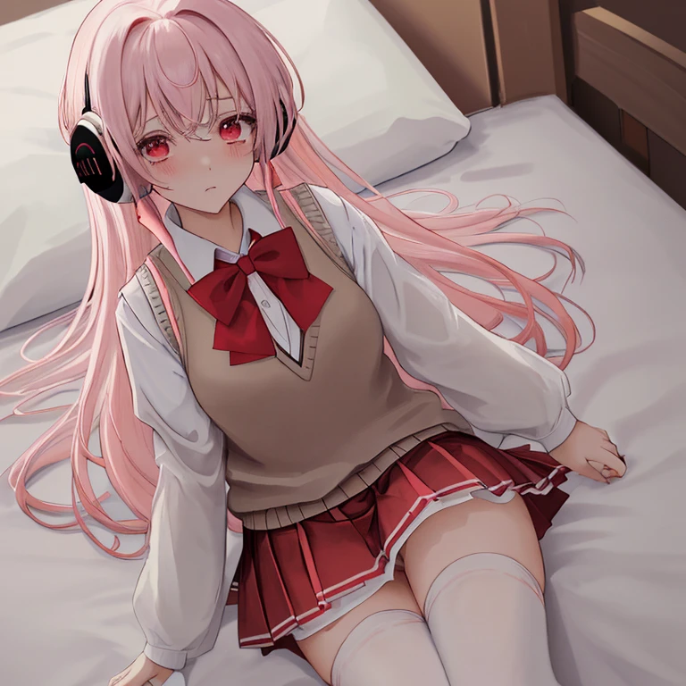 (8k、highest quality、masterpiece:1.2)、Illustration touch、Ultra-detailed、Super A High Resolution、Light pink hair、long hair、Headphones、Woman in uniform、clear、High 、ボタンを全部とめた白色のLong sleeve blouseと紺色のSweater vest、Long sleeve blouse、Red bow tie、紺色のSweater vest、Sweater vest、Red Check Skirt、Red Check Skirt、mini skirt、White knee socks、White Pantyhose、Lying exhausted in bed、Inner thighs、Thin limbs、White panties、(School uniform:1.4)、Blushing、Embarrassed、Watery eye、Pulling up her skirt