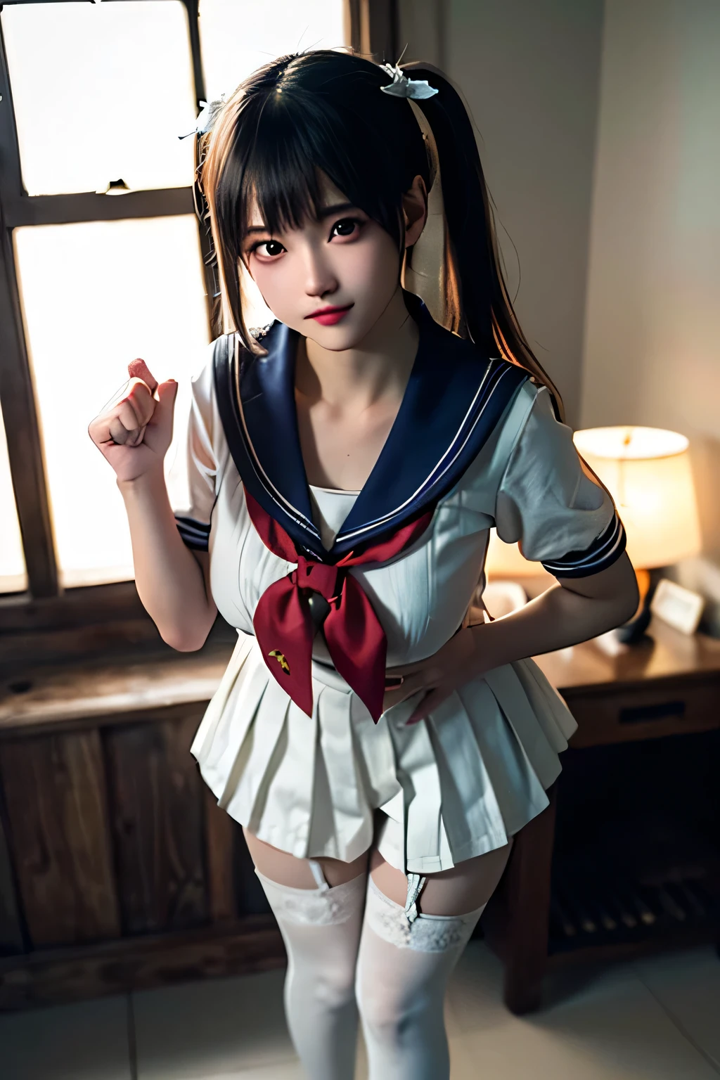 An innocent 20-year-old girl, ((sailor uniform, white thighhighs, Dramatic Pose)),smile, (high Twintails),natural Park、RAW Photos, (8k、highest quality、masterpiece:1.2)、(Intricate details:1.4)、(Photorealistic:1.4)、Octane Rendering、Complex 3D rendering with ultra-detail, Studio Soft Light, Rim Light, Vivid details, Super Detail, Realistic skin texture, Detailed aspect, Beautiful details in the eyes, Highly detailed CG Unity 16k wallpaper, compensate, (Detailed Background:1.2), Glowing Skin, whole body, (thin legs), small waist, Cleavage,(Standing with hand on chest), from above