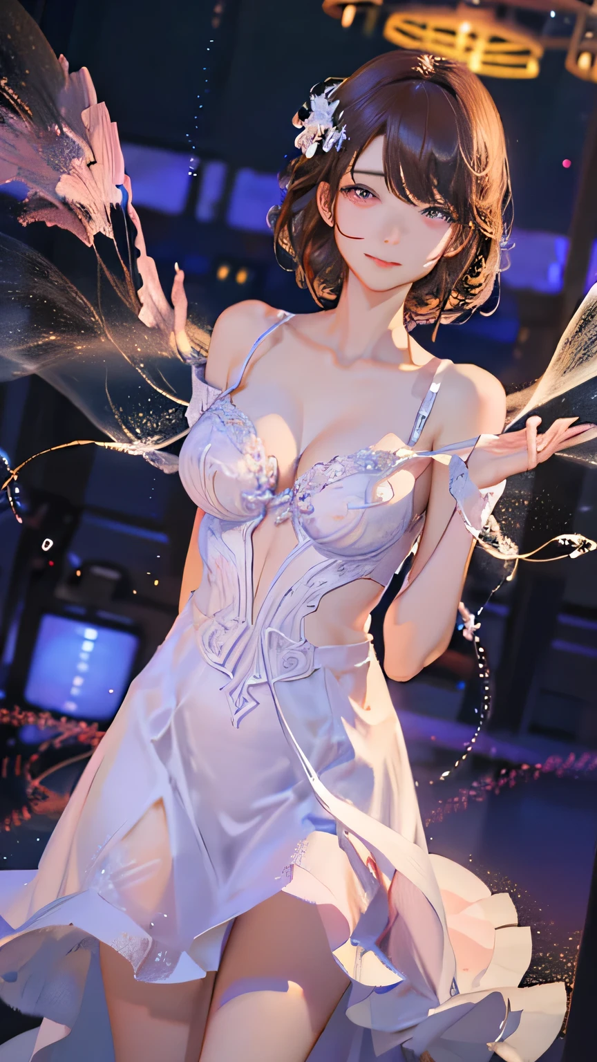 (highest quality, High resolution), Glowing Eyes, Delicate facial features, Vibrant colors, Dreamy atmosphere, Fantasy Theme, Floral Background, Graceful Movement,  Magic lighting, Mysterious Aura, Heavenly Beauty, Magic thread, Whimsical elements,Big Breasts、lingerie、sexy